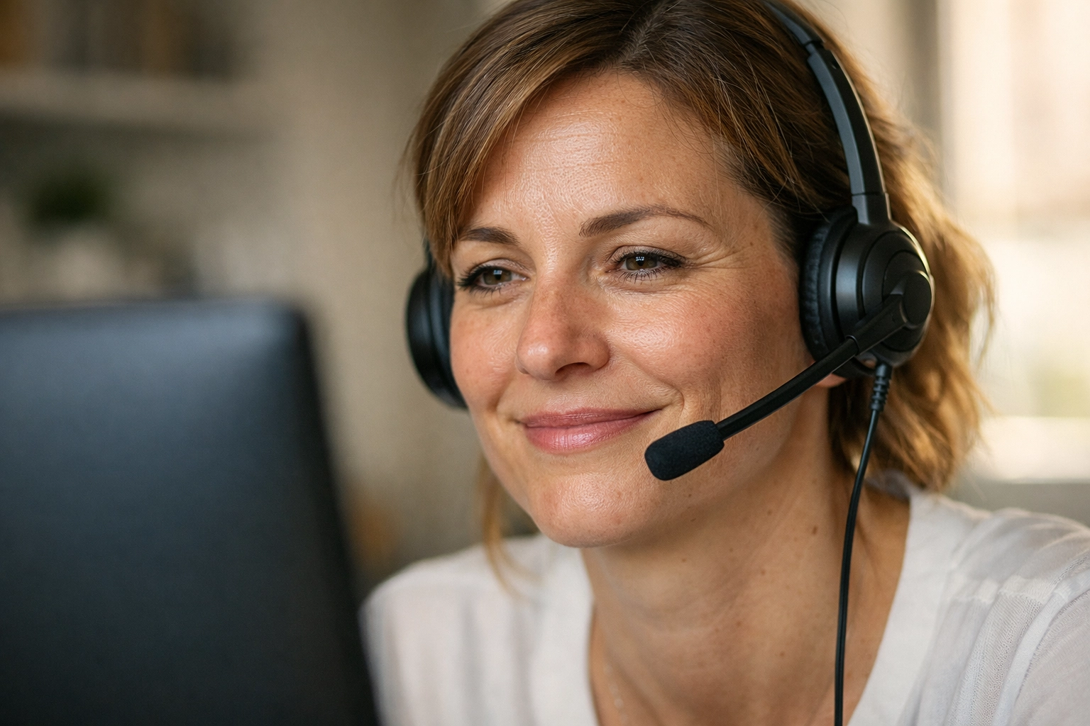 Zufriedene Mitarbeiterin mit Headset nach der Einführung von KI Agenten zur Senkung der Servicekosten