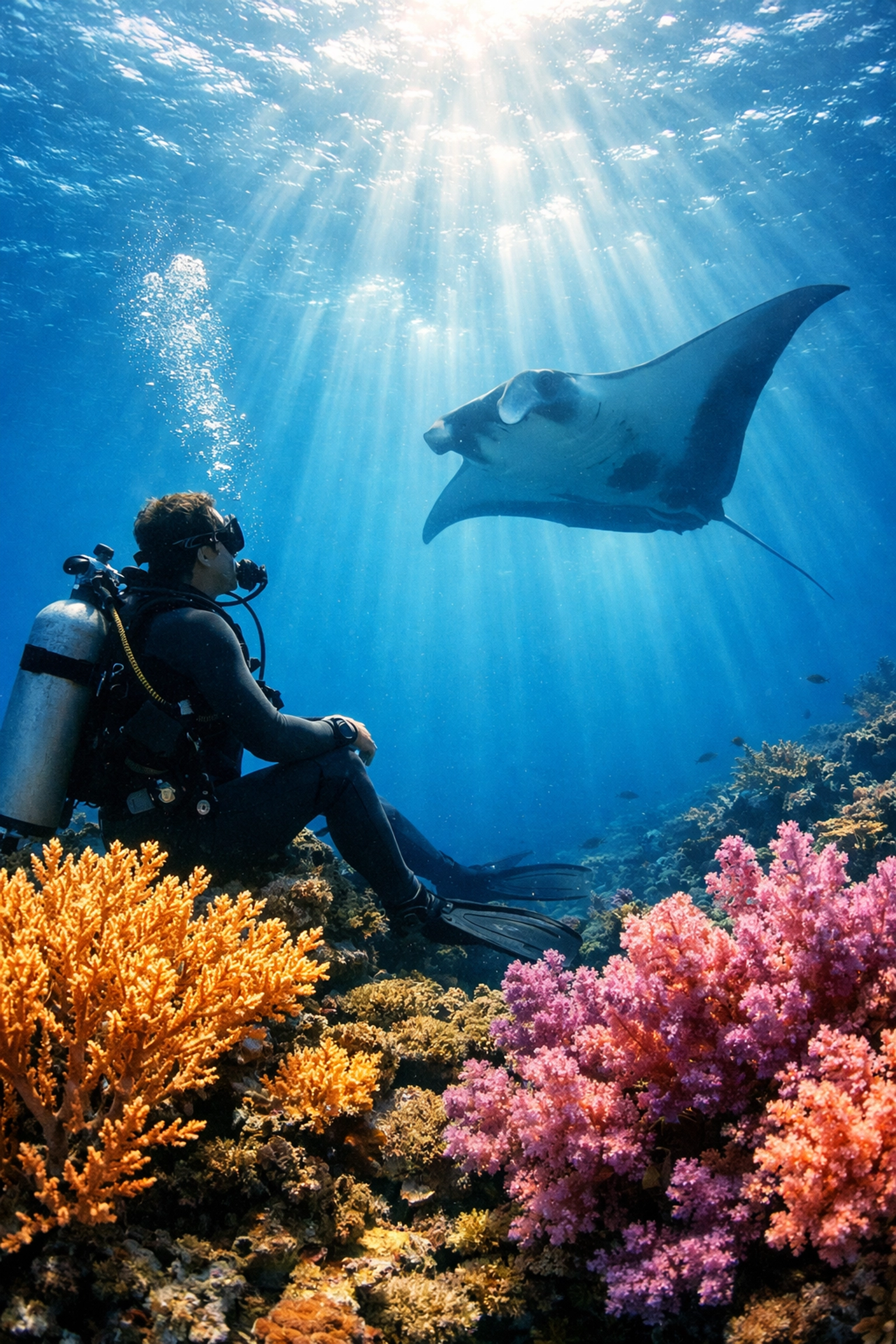 A scuba diver swims with a manta ray near vibrant coral reefs during an Indonesian diving trip.