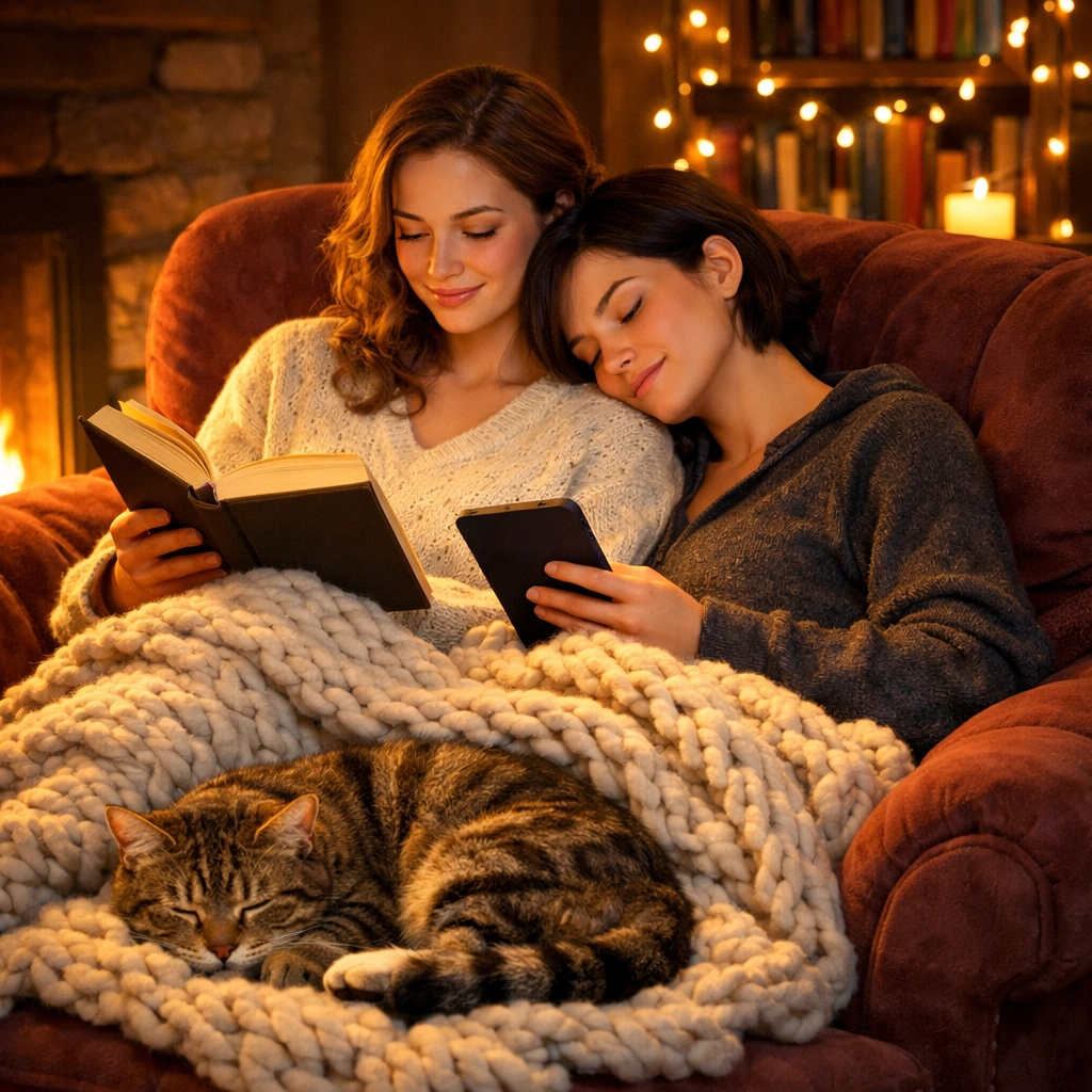 A lesbian couple reading in a cozy, festive nook, representing peaceful queer romance literature.