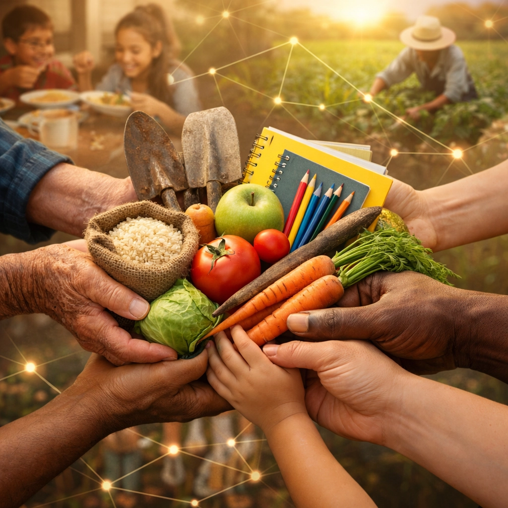 Global charitable impact showing food distribution, nutrition programs, and farming initiatives