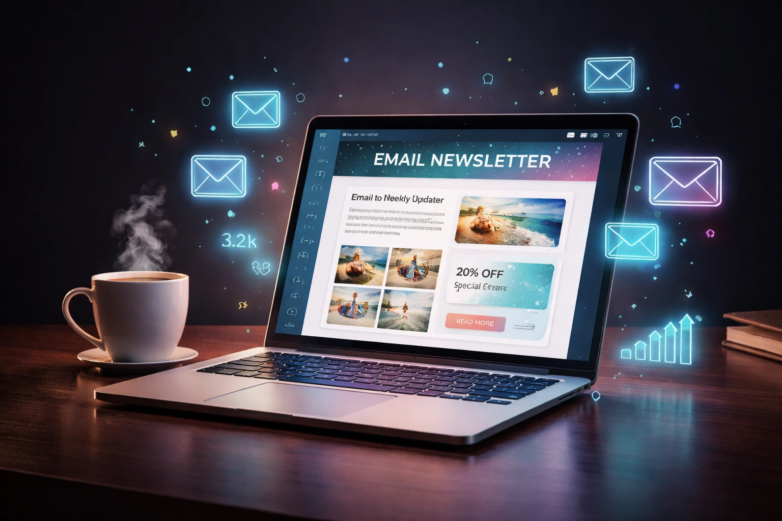 Laptop displaying an email newsletter with digital engagement icons, representing AI-powered real estate email marketing