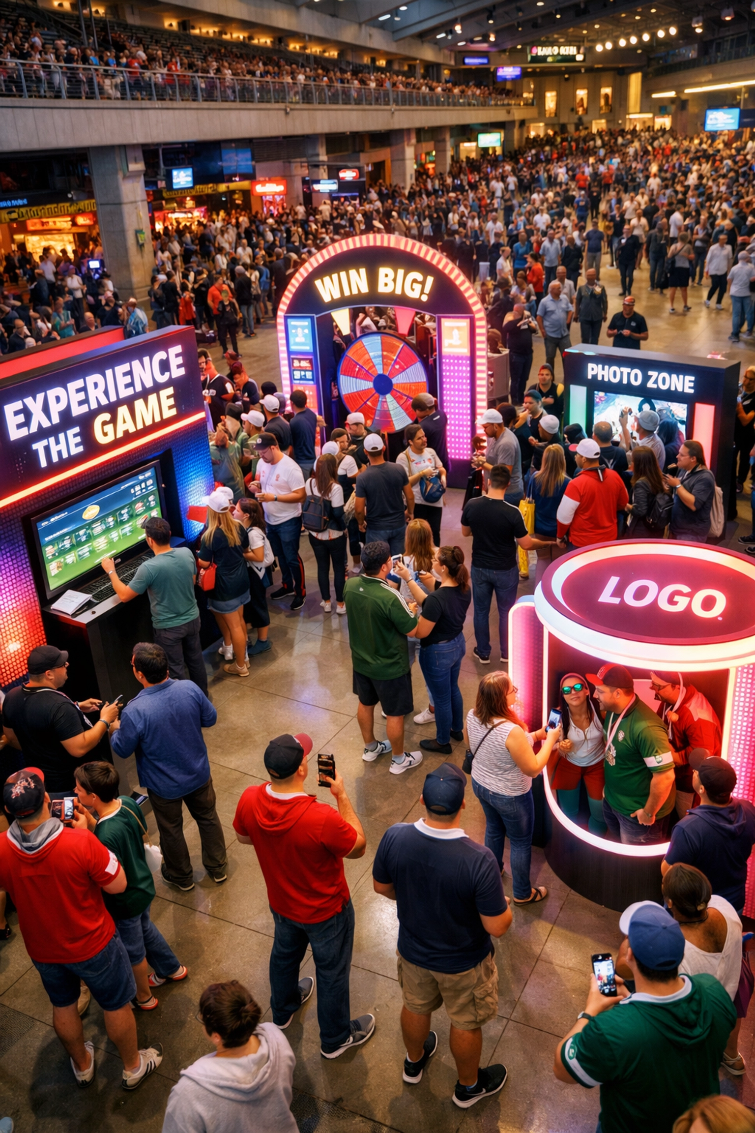 Fans engaging with interactive brand activation zone featuring LED displays in stadium concourse