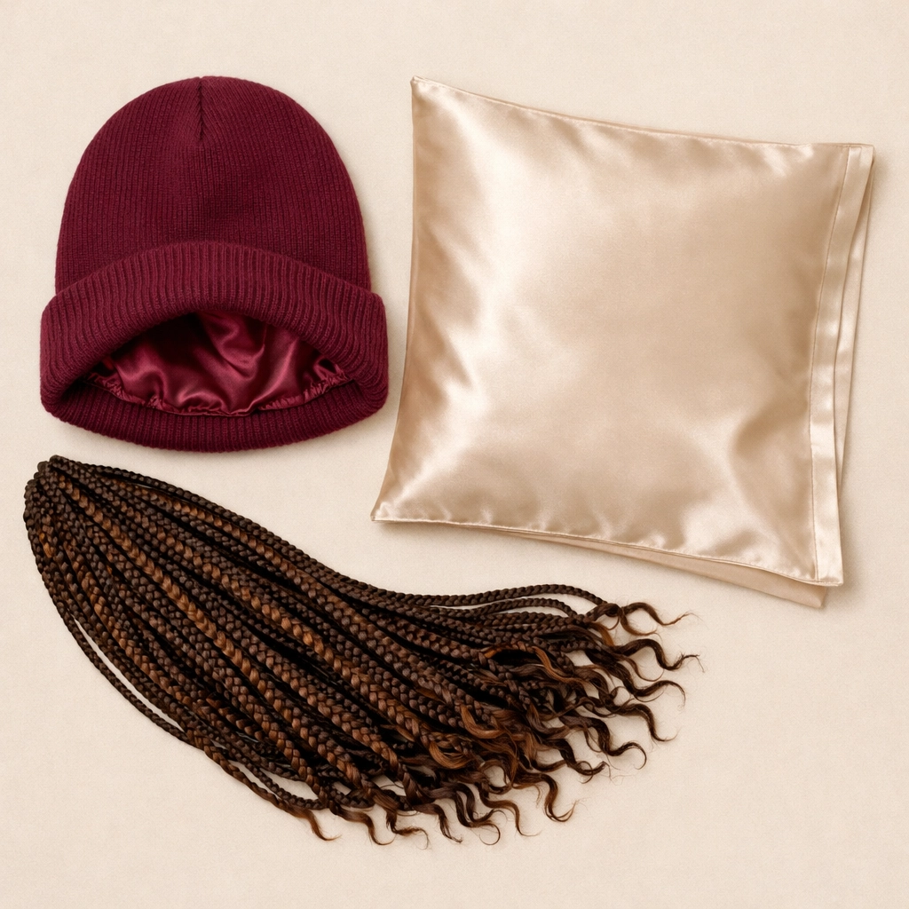 Satin-lined winter hat and silk pillowcase protecting knotless braids from dryness