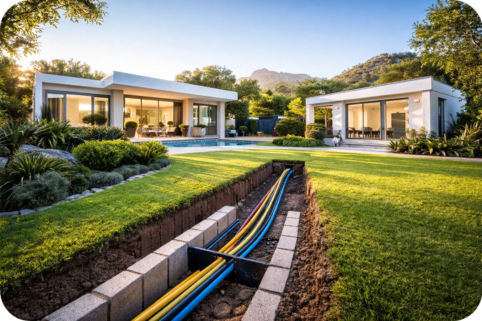Modern Cape Town home connected to garden cottage with underground cable, illustrating structured cabling.