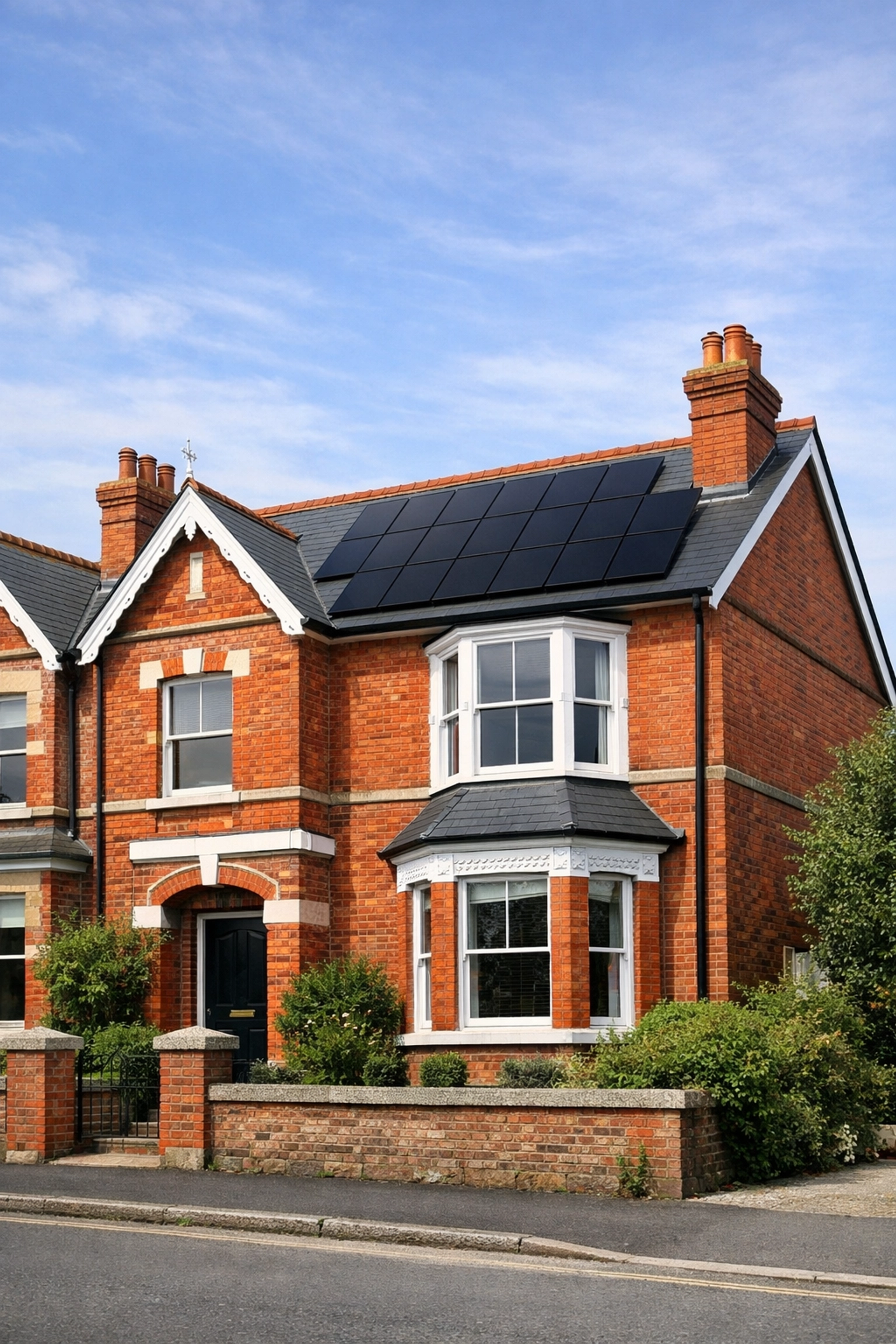 Professional solar panel installation on a traditional red-brick Victorian house in Dorset.