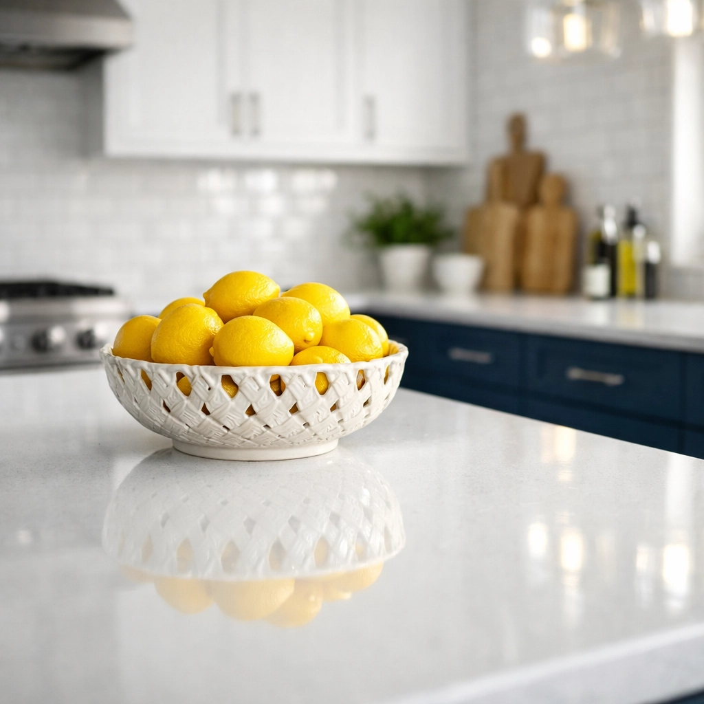 Sparkling clean luxury kitchen island showing the results of expert weekly house cleaning.