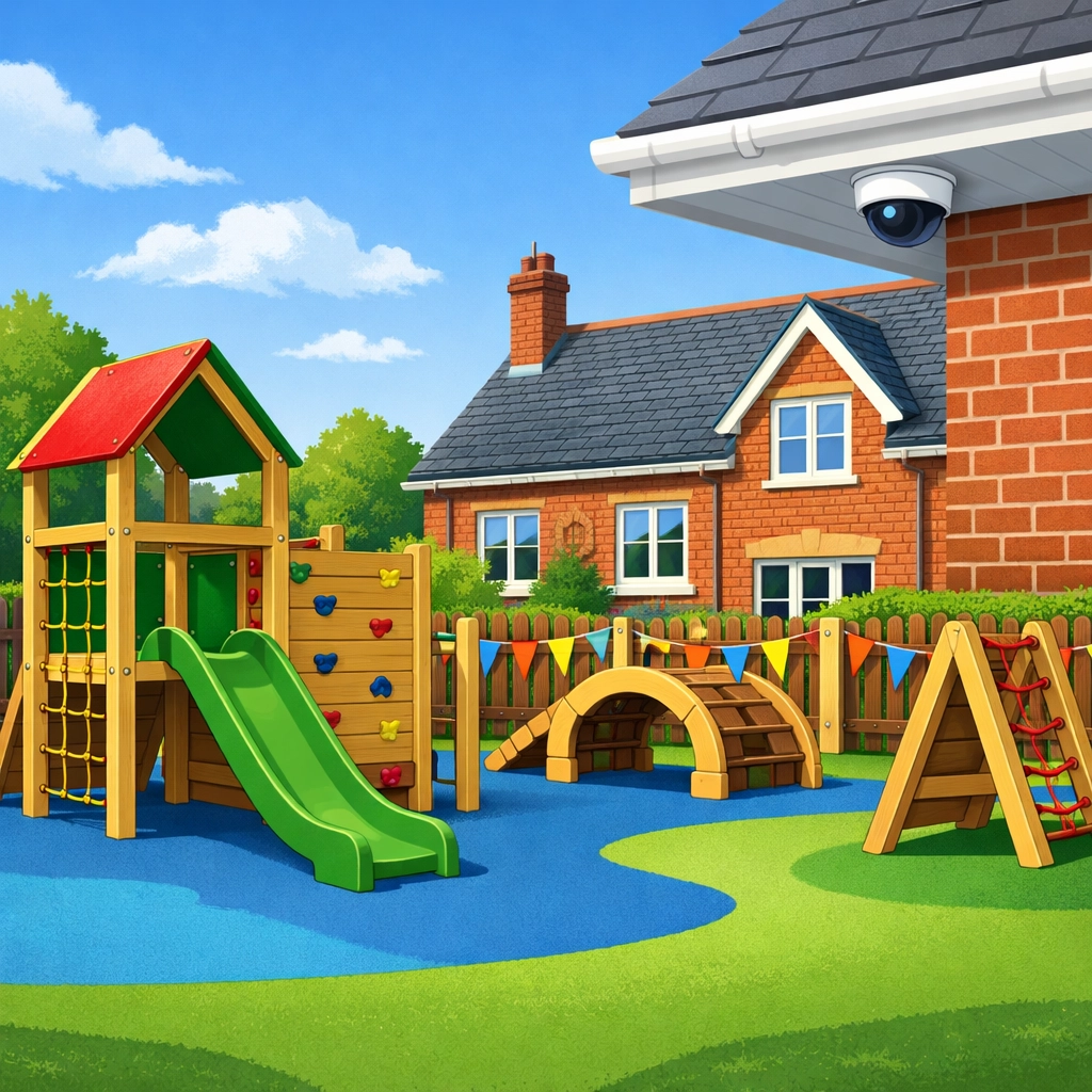 Discreet nursery security camera overlooking a colourful playground in a Salisbury childcare facility.