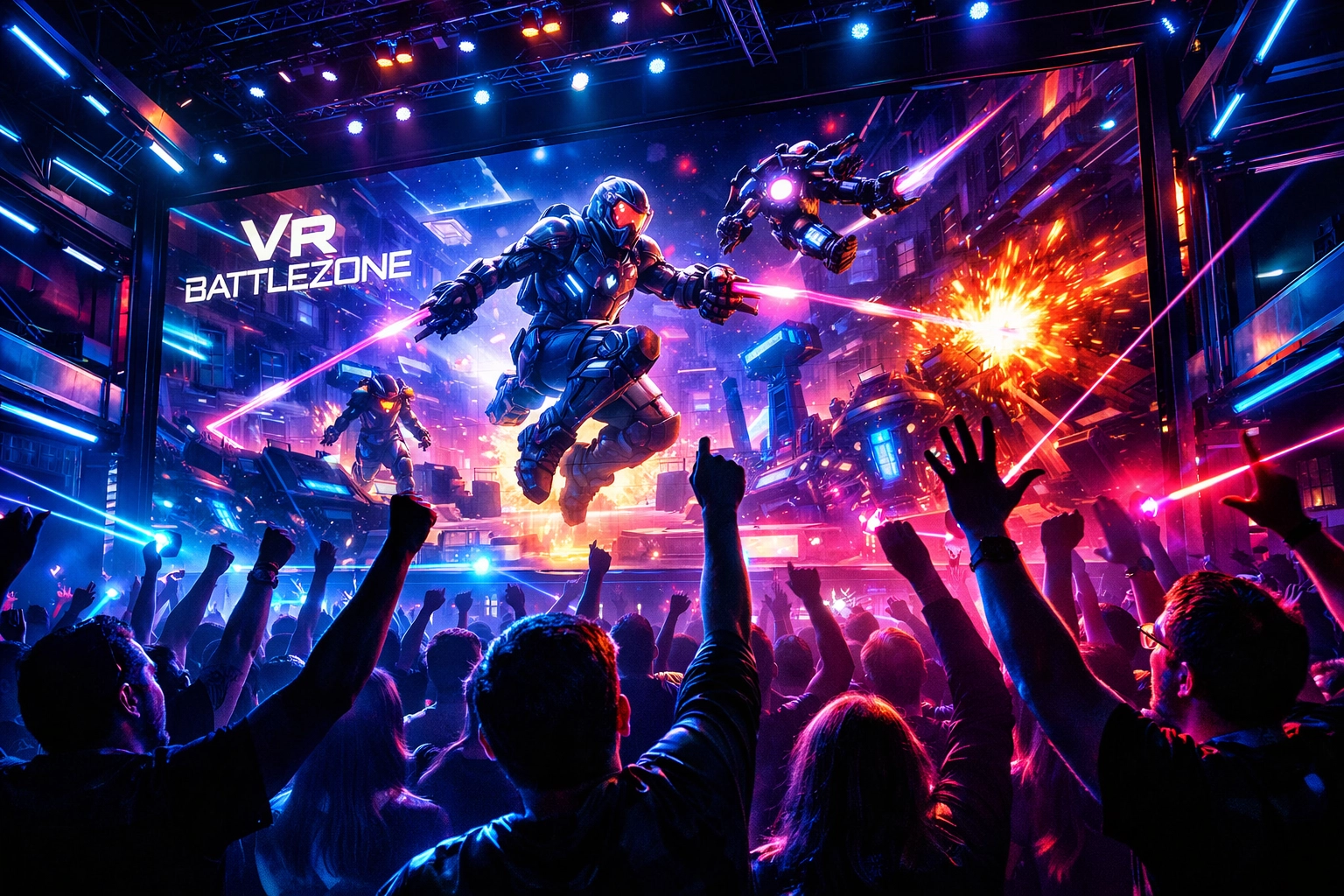 Excited crowd watching a large spectator screen during a high-energy virtual reality games for events activation