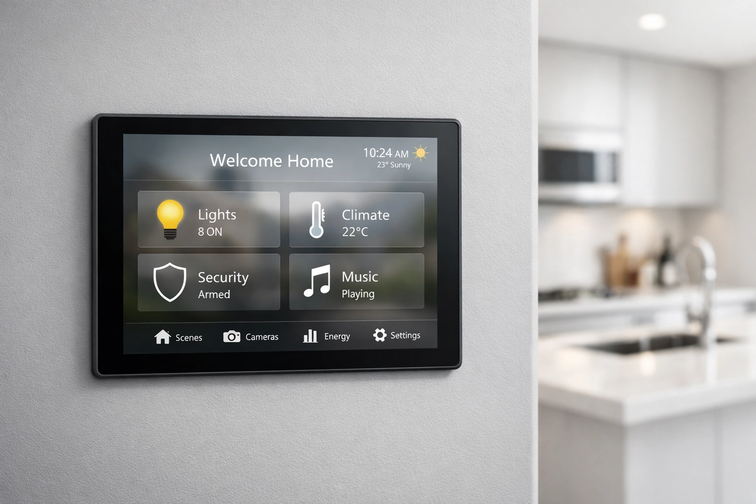 Wall-mounted smart home control tablet for seamless kitchen automation and stealth technology integration.