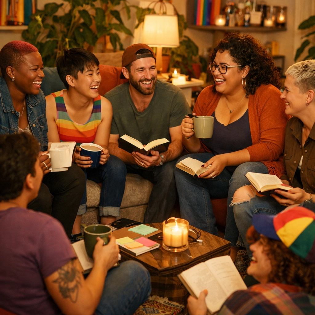 A diverse LGBTQ+ friend group at a book club discussing gay romance novels and community organizing.
