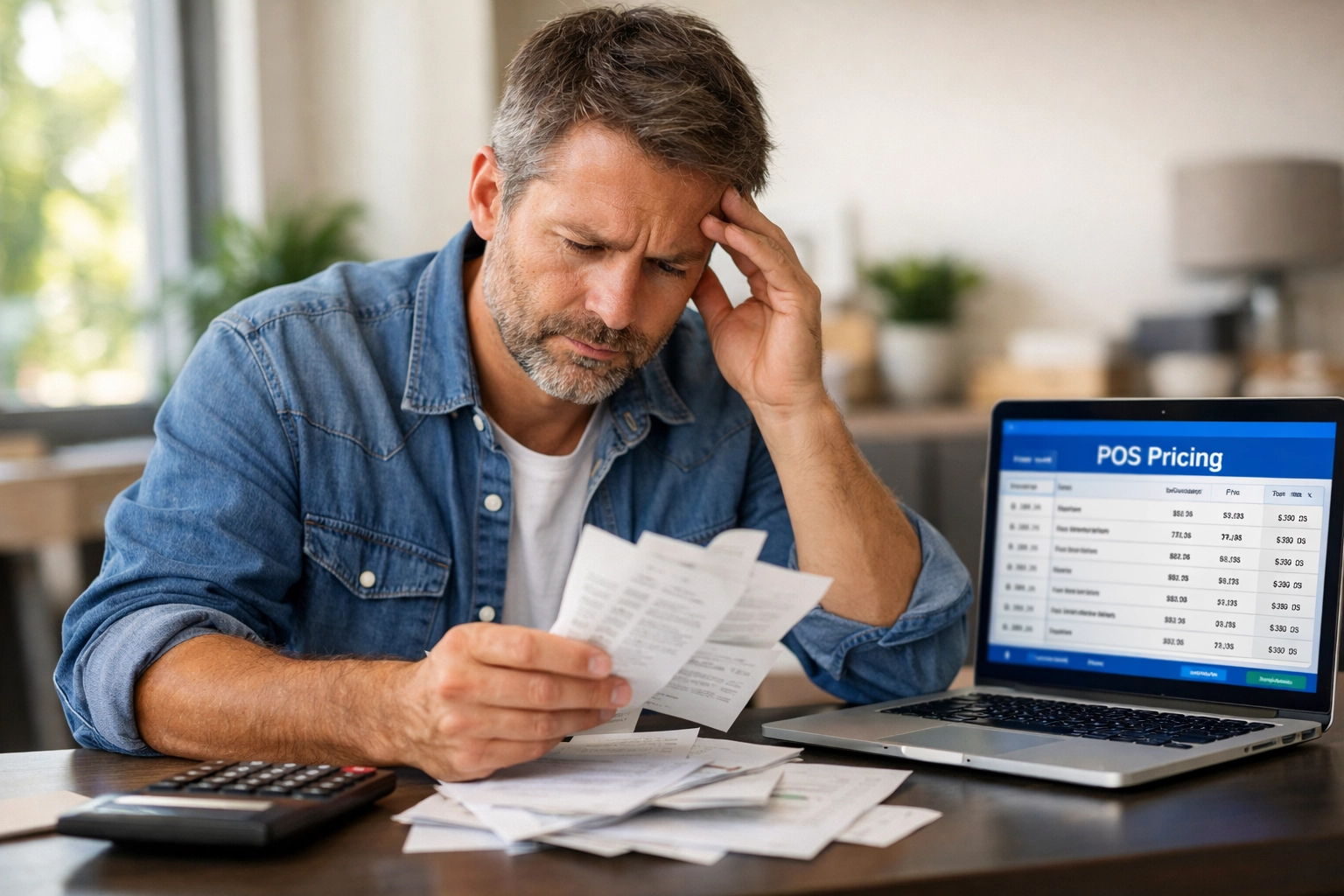 Business owner calculating hidden POS system costs and fees on laptop