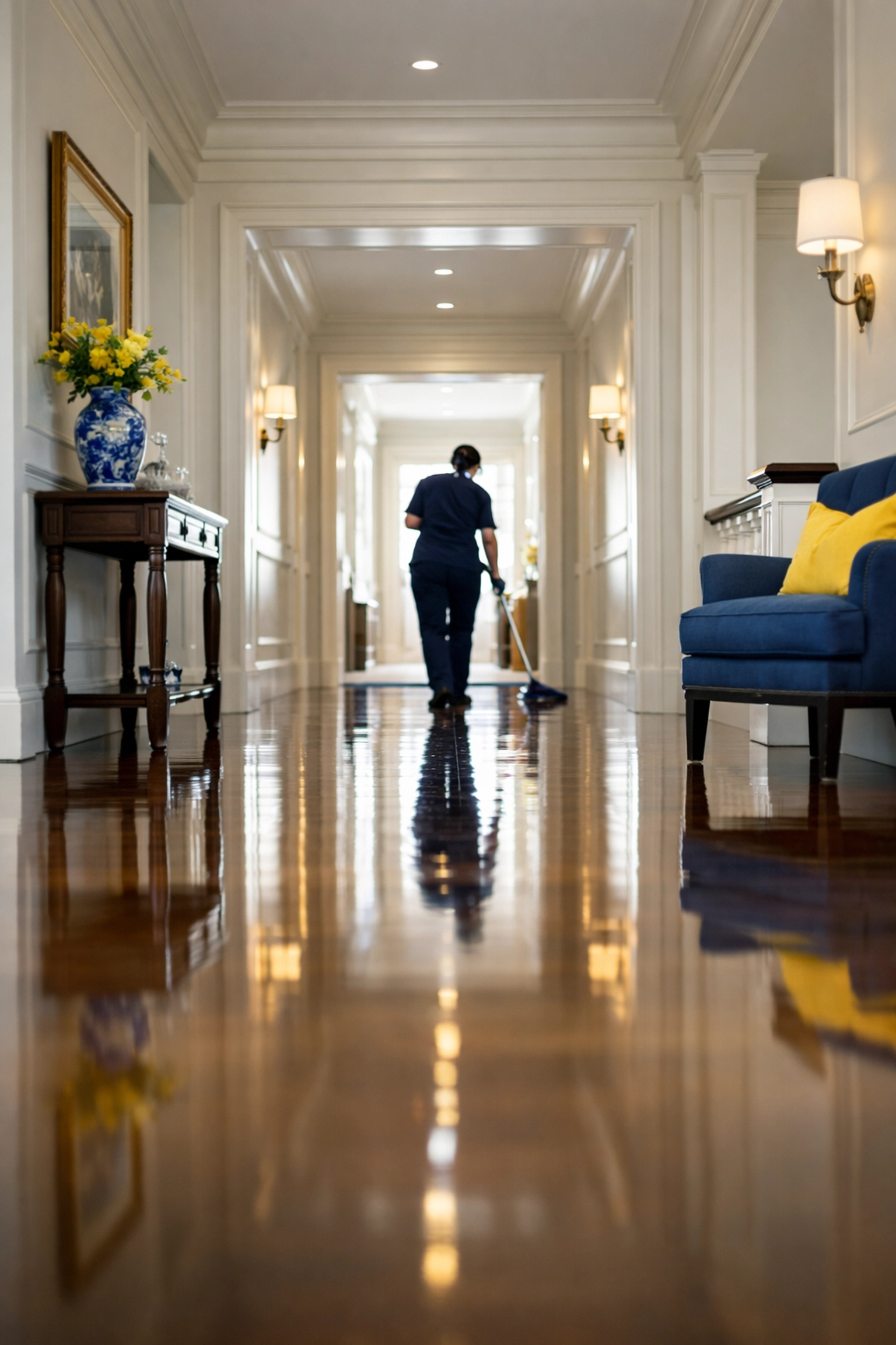 Reliable cleaning services near me in a luxury Massachusetts estate featuring spotless polished hallways.