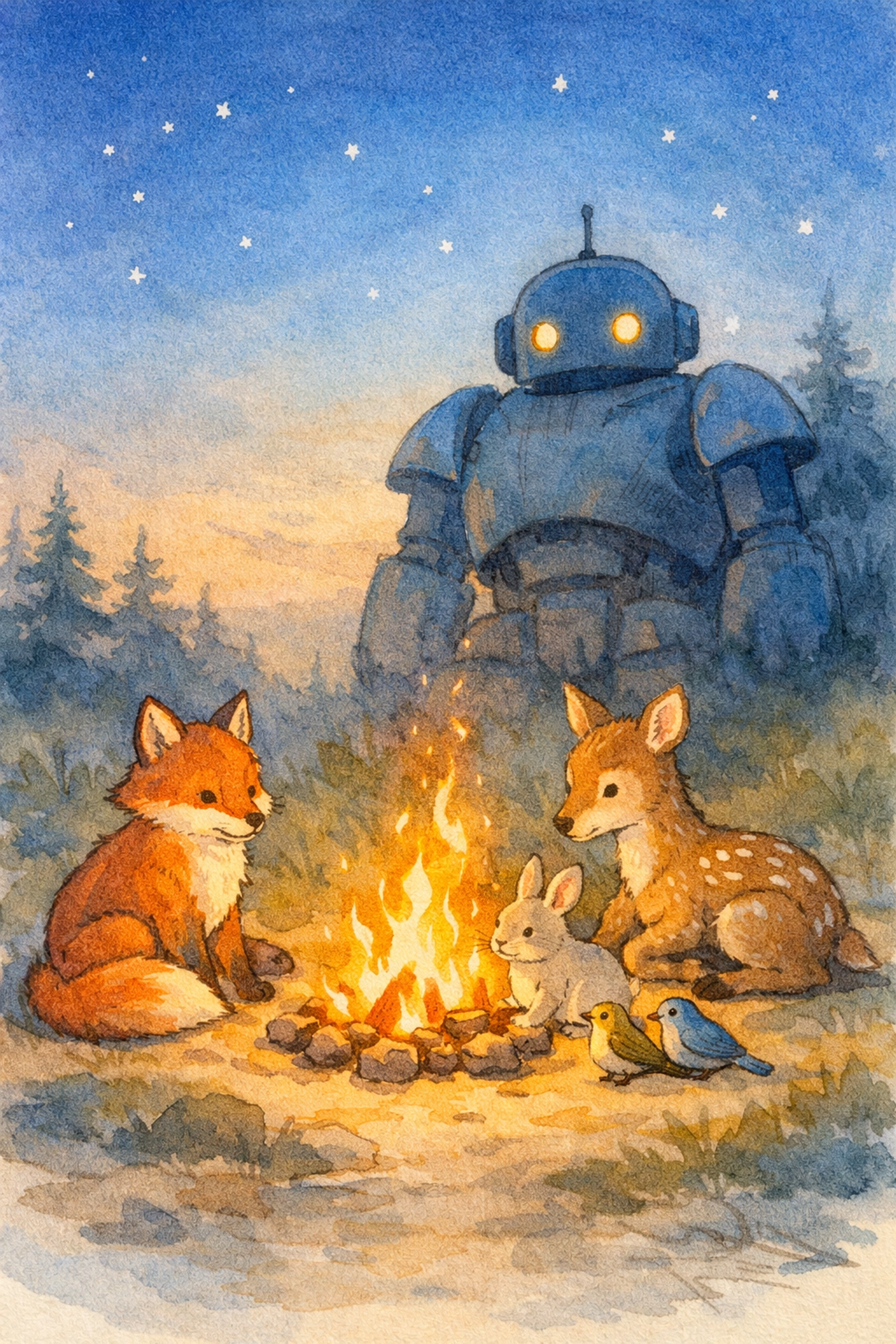 Forest animals gathered peacefully in Wild Robot showing community transformed by love