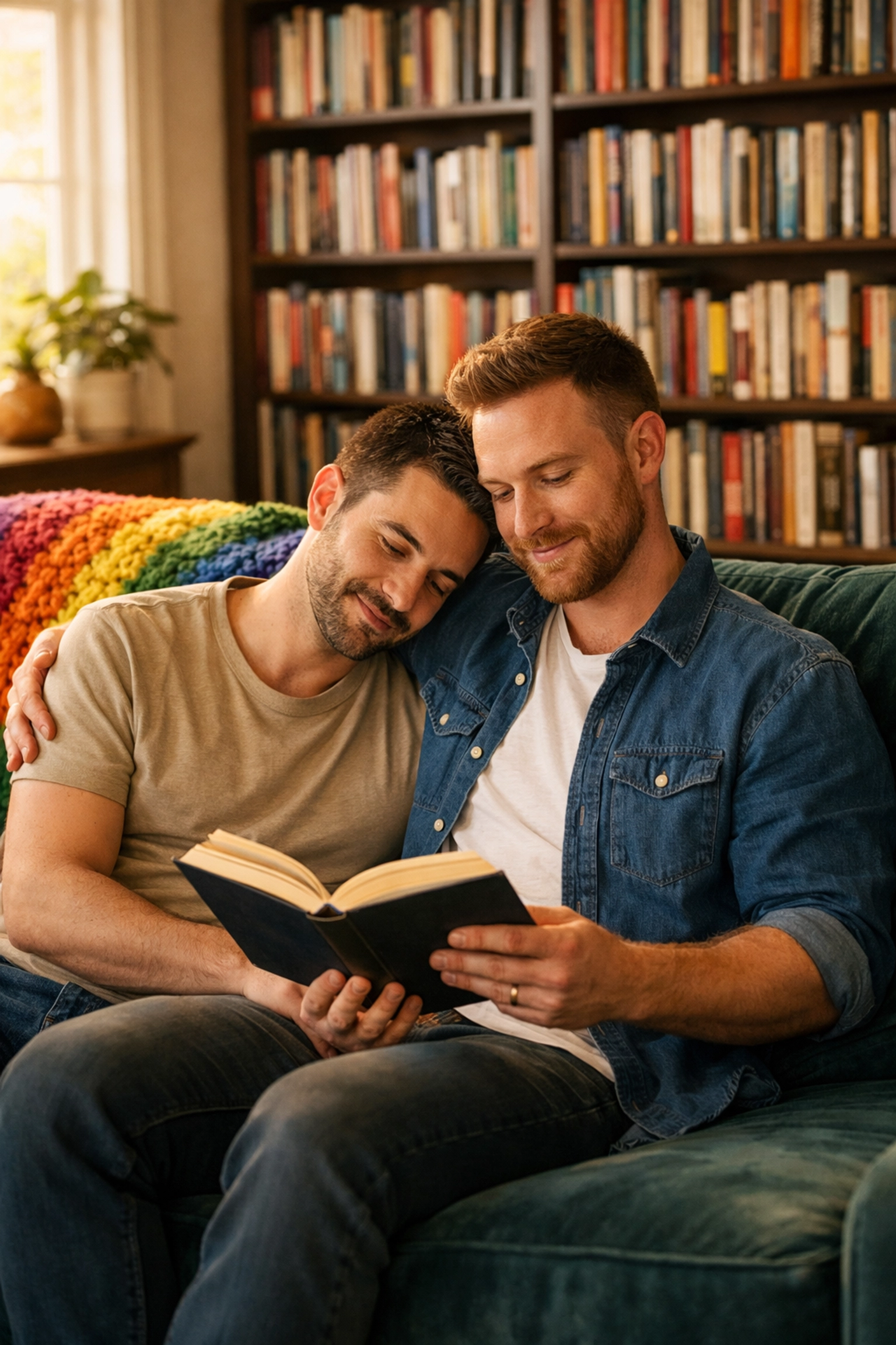 Gay couple sharing a book with a rainbow blanket, celebrating queer joy and heartfelt gay romance novels.