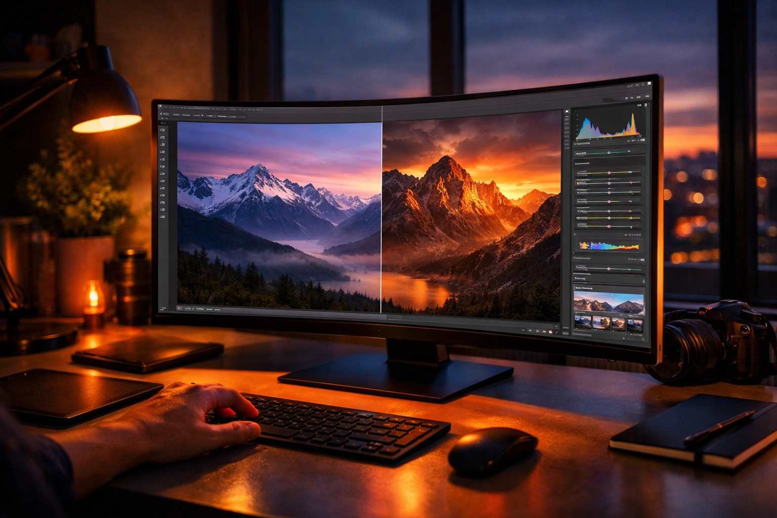 Photographer using AI editing software on a wide monitor to enhance golden hour light in landscape photos.