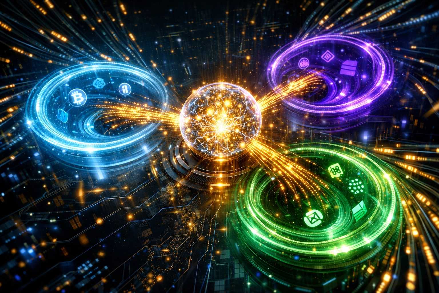 AI smart routing engine directing digital payments through multiple blockchain networks to minimize merchant fees.