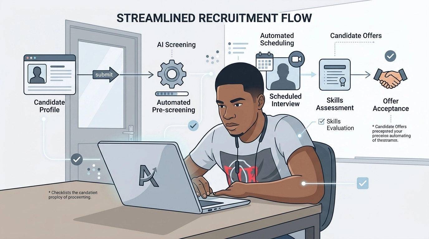 A minimalistic illustration of a streamlined recruitment workflow with icons for documentation, verification, and professional selection.