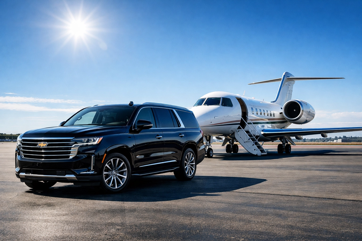 Luxury SUV and private jet on a tarmac representing seamless high-stakes travel management for the Super Bowl.