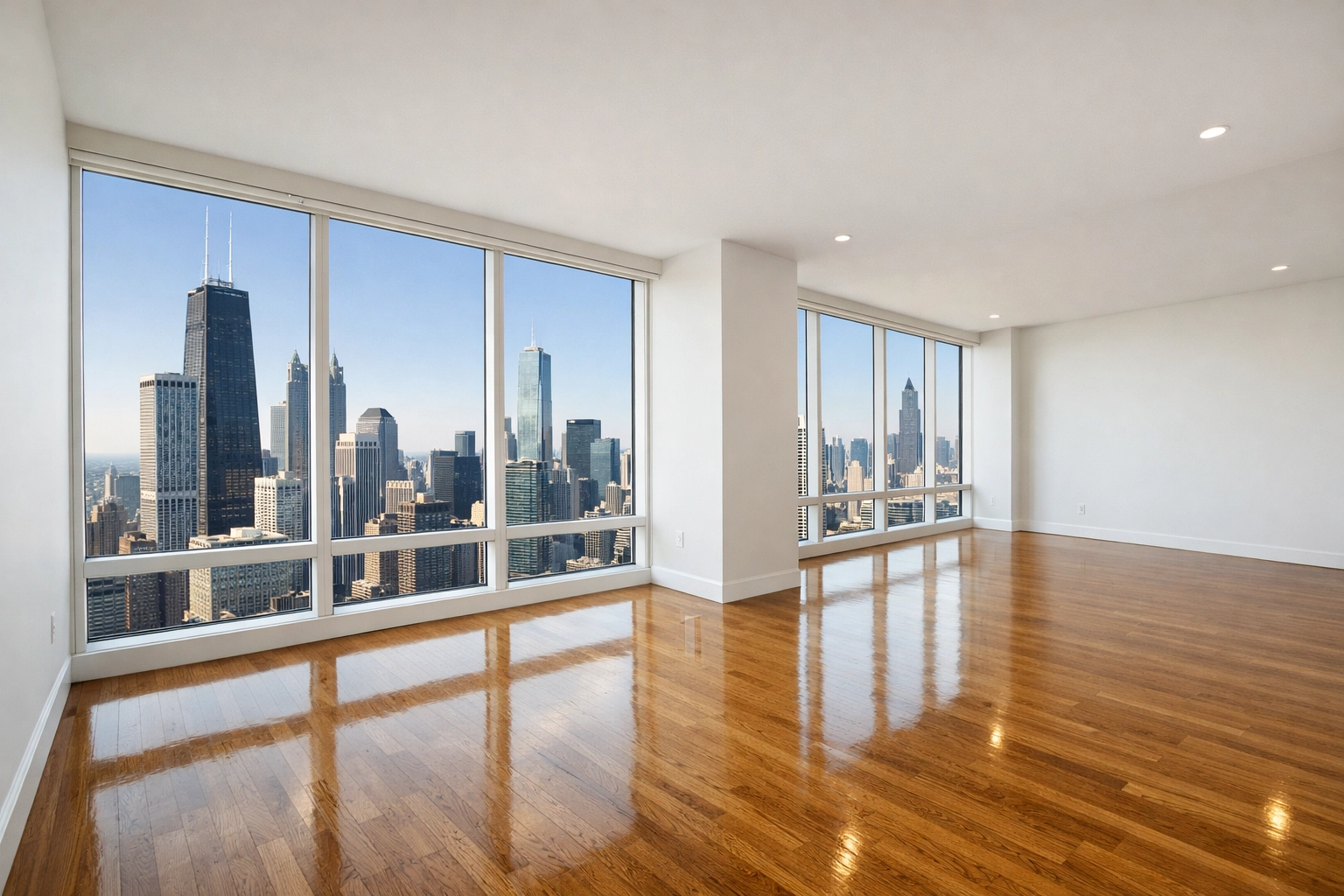 Modern vacant Chicago apartment with polished hardwood floors ready for tenant move-in.