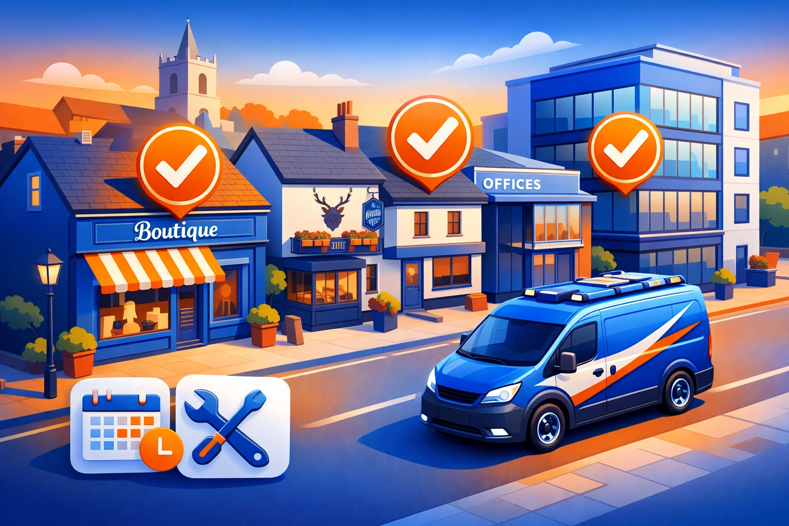 Farnham commercial maintenance illustration showing building safety audits and proactive property management schedules.