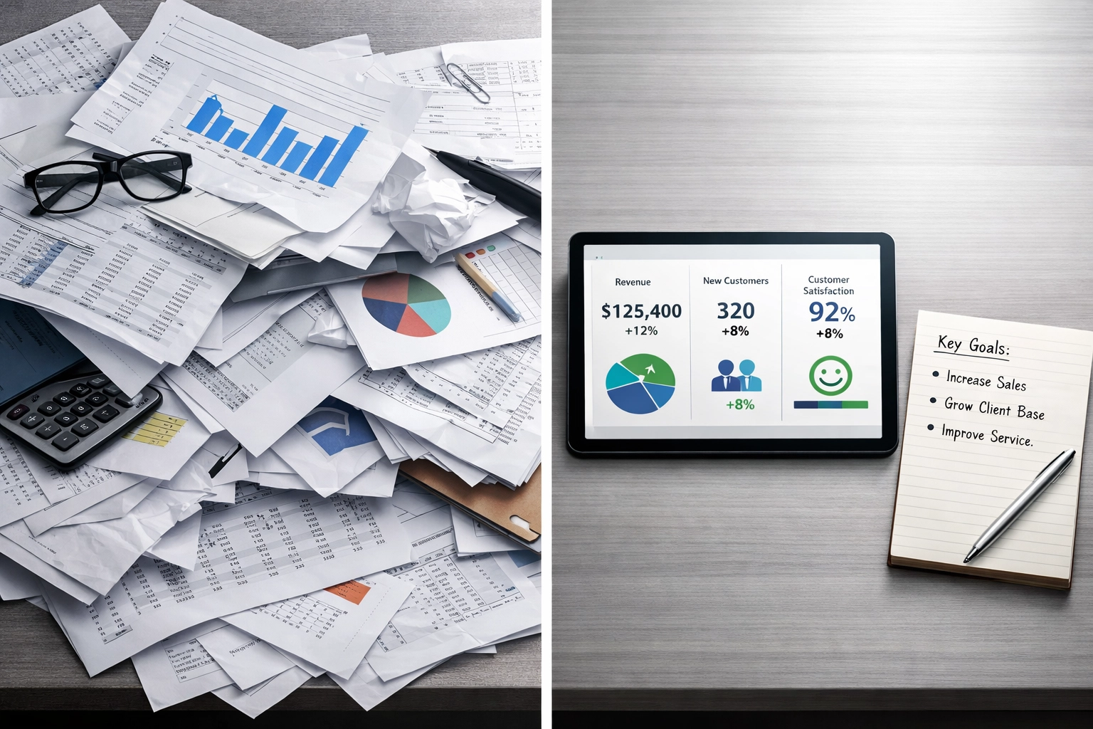 Comparison of cluttered data reports versus organized dashboard with focused key metrics