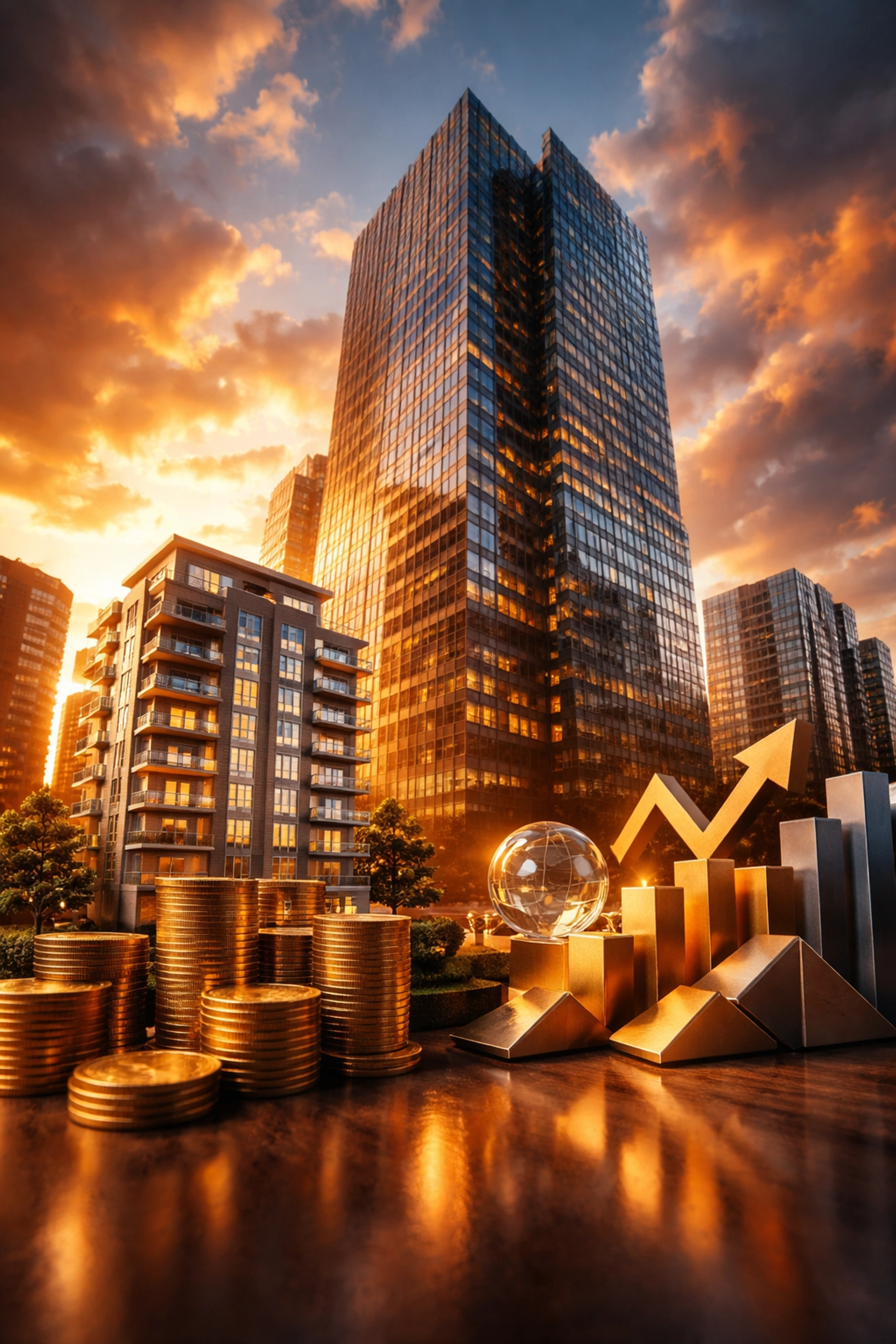 Modern skyscraper with luxury apartment model and gold coins representing real estate and alternative investment opportunities.