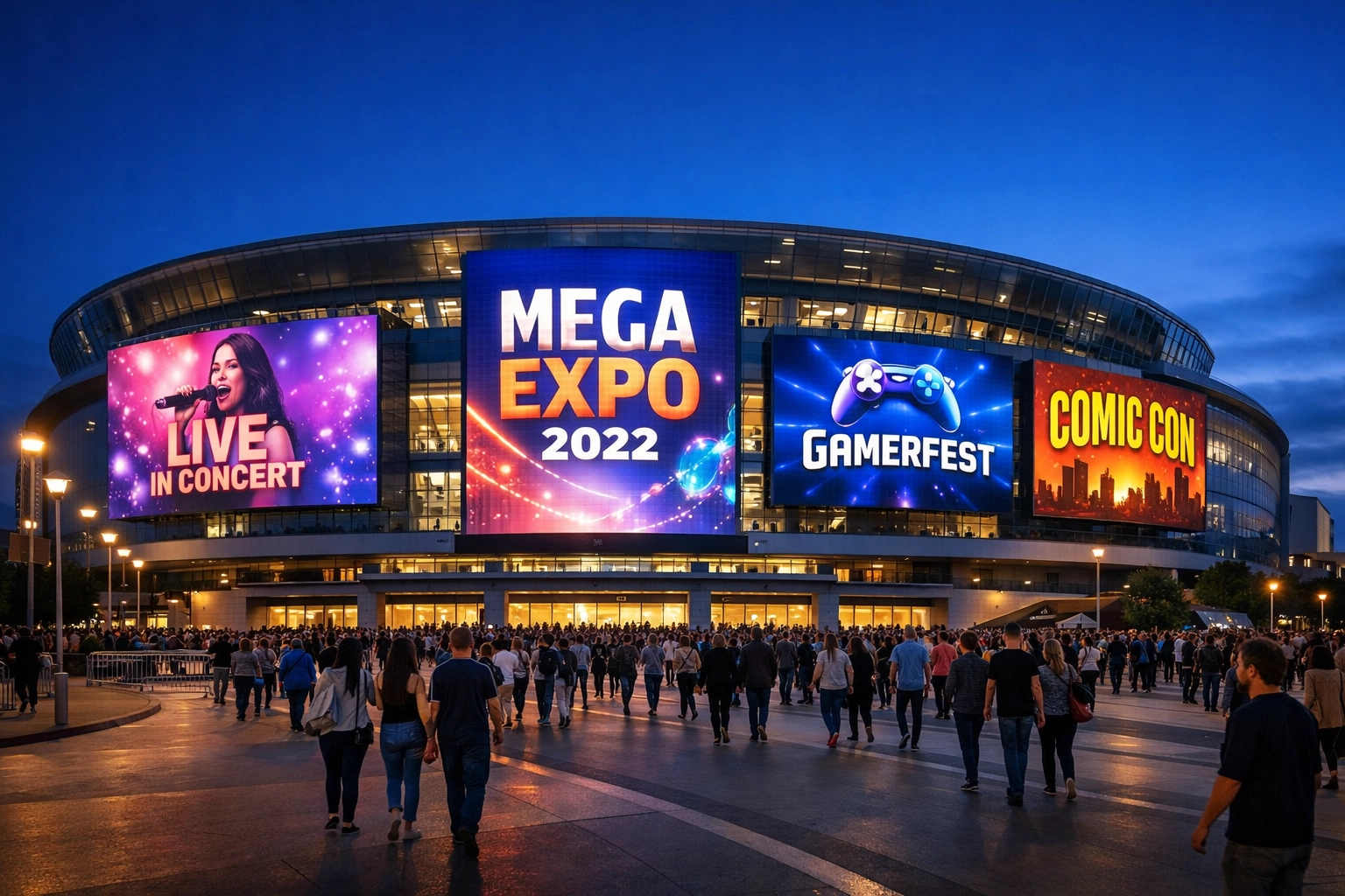 Sports arena exterior with illuminated LED screens during non-sporting event at twilight