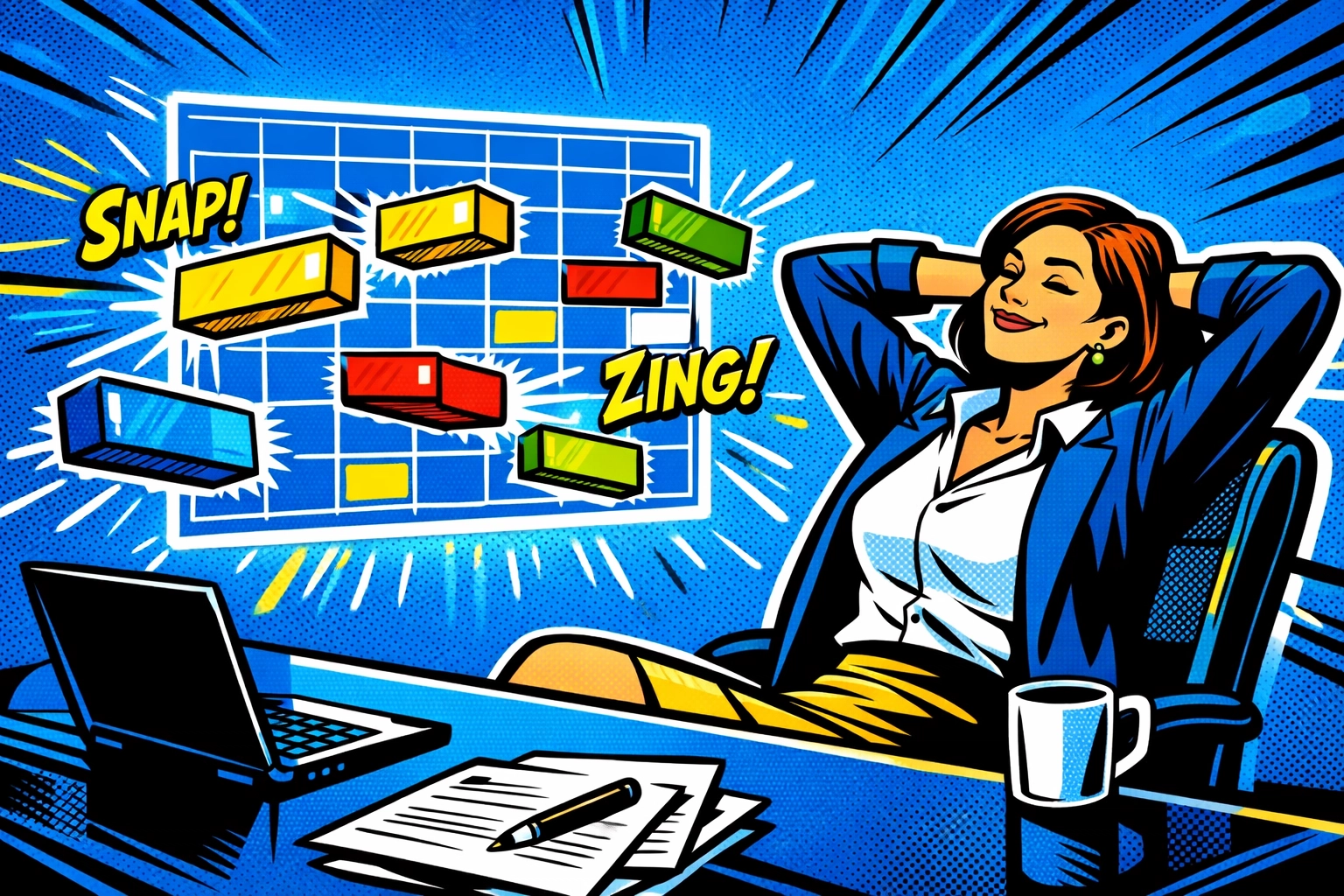 A professional woman using AI business automation tools to automatically organize her digital calendar.