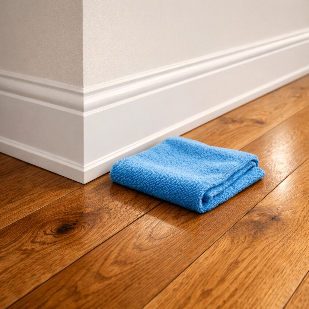 Professional cleaning of white baseboards and hardwood floors in a Bolton residence after construction.