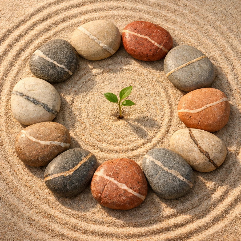 Twelve stones in a circle with a small sprout, illustrating the different Chiron signs and core wounds.