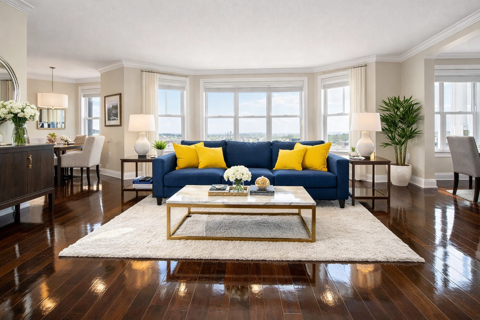 Shiny hardwood floors in a Lynn living room after a professional house cleaning service.