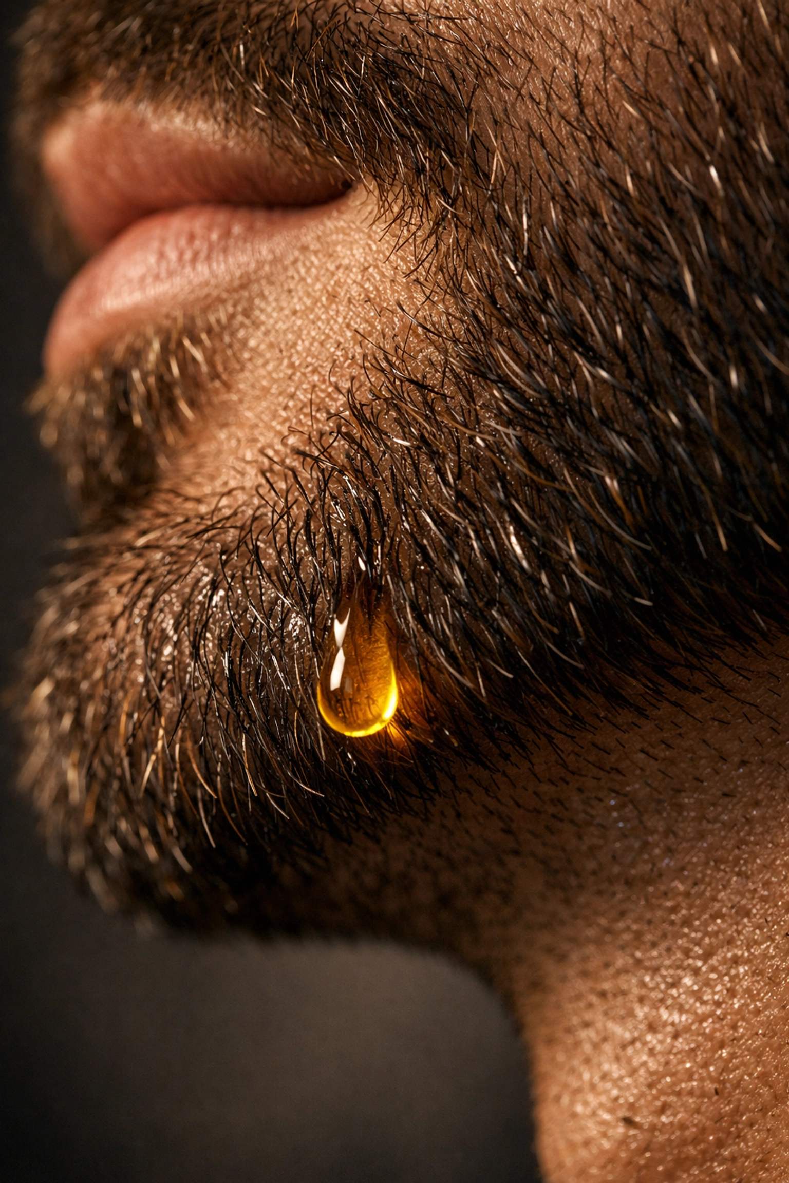 Golden beard oil droplet absorbing into the skin to prevent dryness and beardruff.