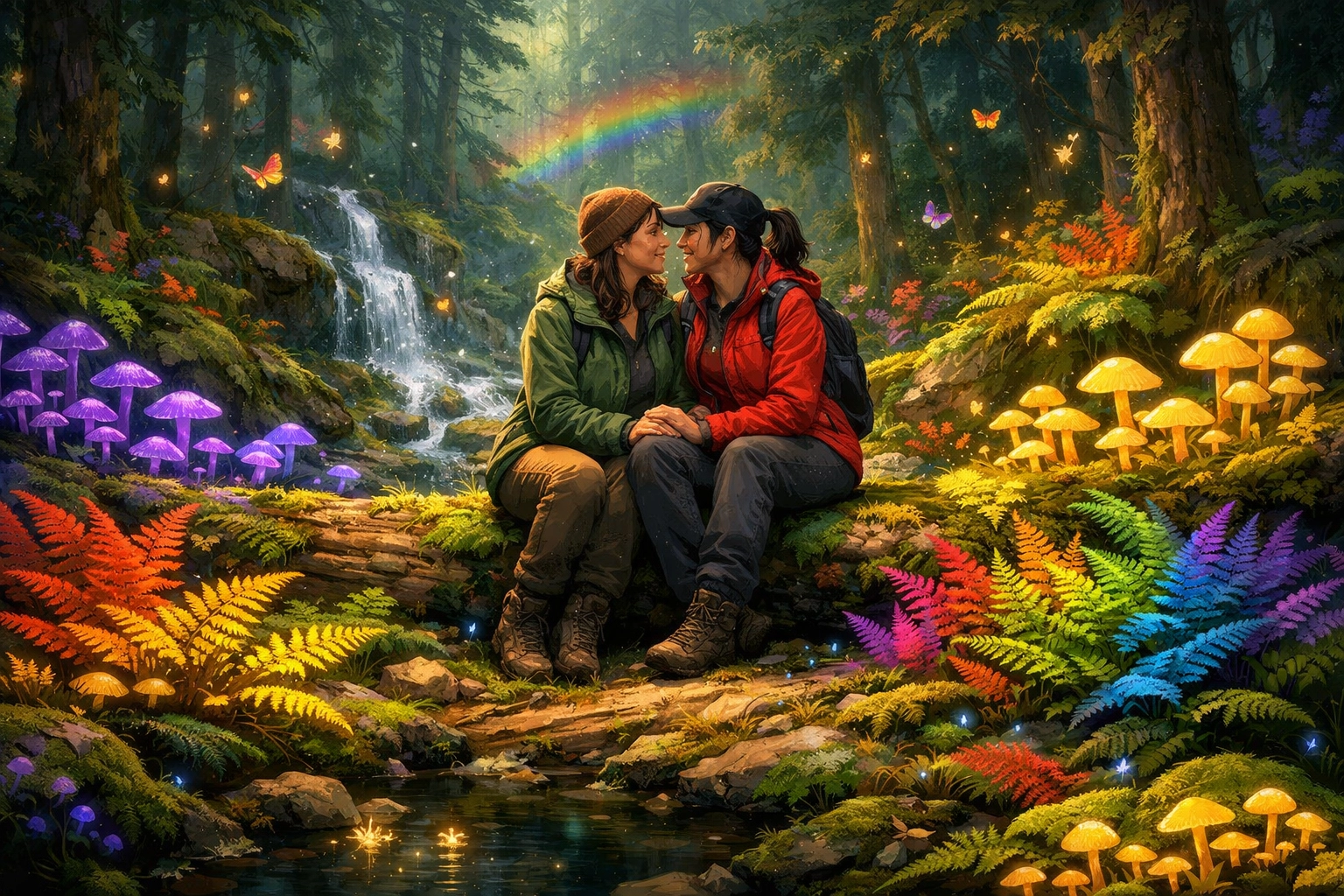 Lesbian couple in a vibrant forest, symbolizing the natural diversity of LGBTQ+ identities across all species.