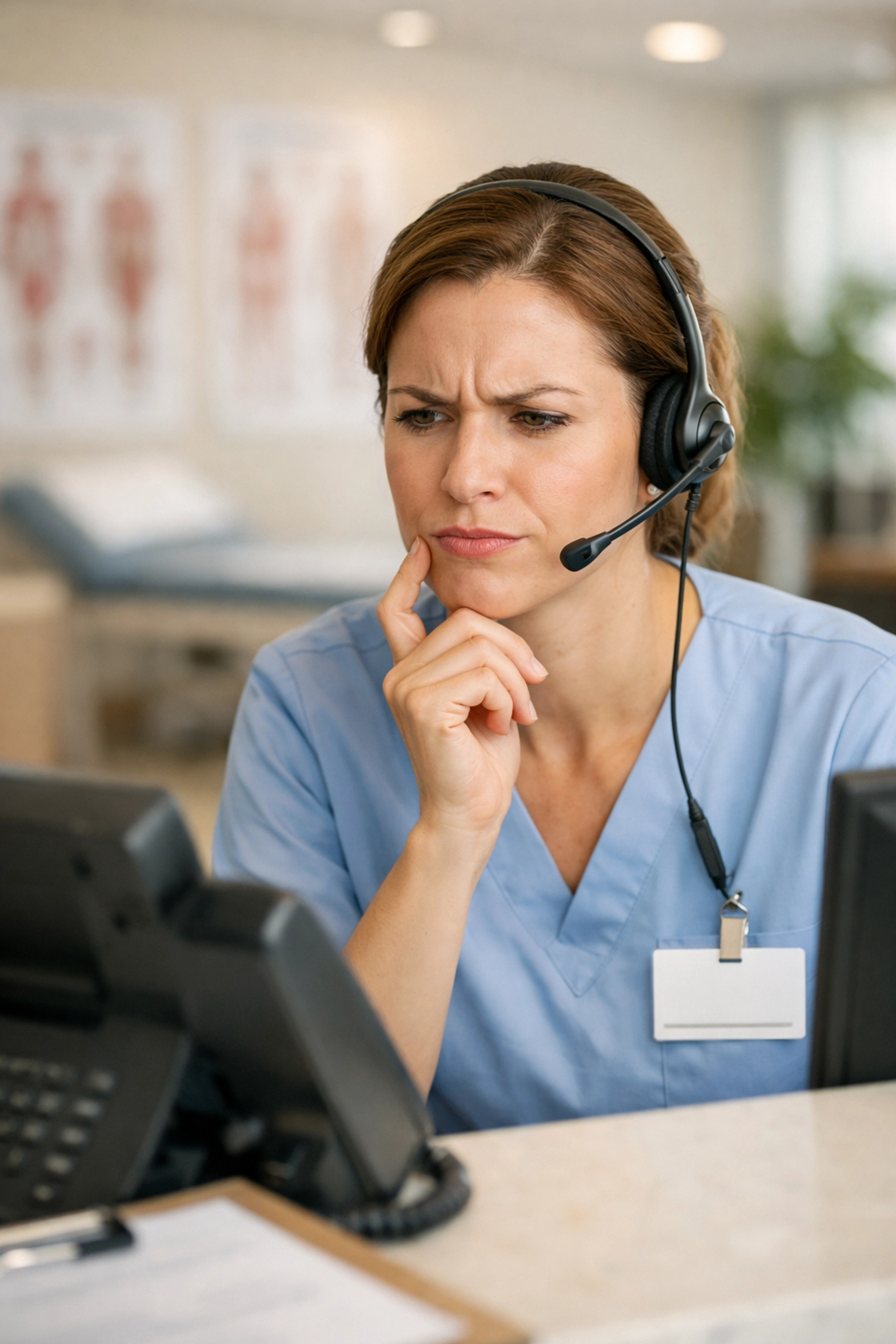 The 5-Minute Staff Training: Spotting AI Scams Before They Hit Your Clinic Medical front desk training showing a receptionist cautiously verifying a phone call to streamline clinic operations.
