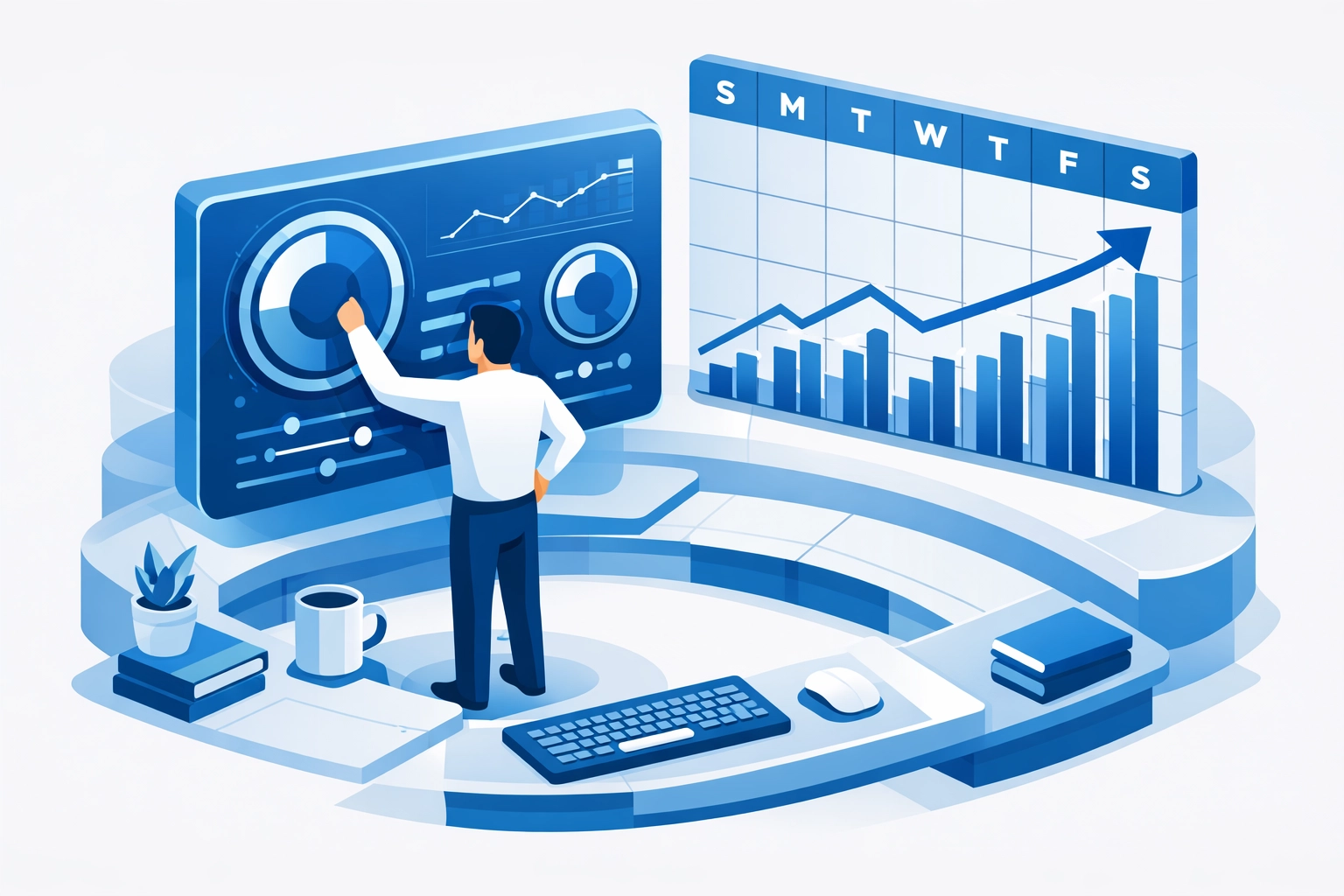Isometric dashboard illustration representing weekly Performance Max campaign optimization and data-driven growth