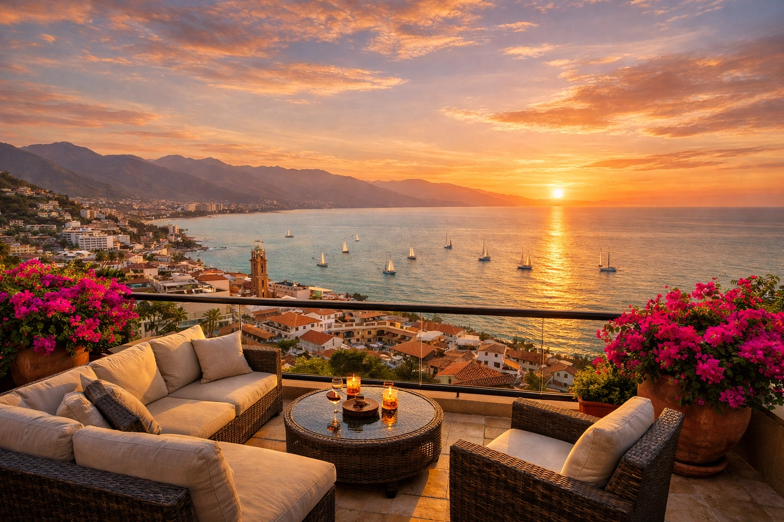 Sunset view of Banderas Bay from Amapas condo terrace in Puerto Vallarta