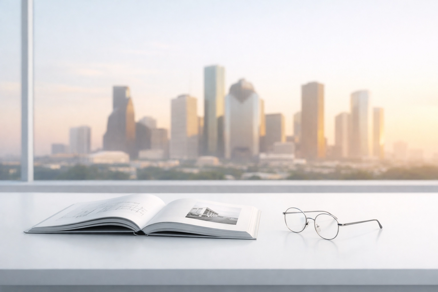 Minimalist workspace with an open book overlooking the Houston skyline, representing real estate training for new agents.