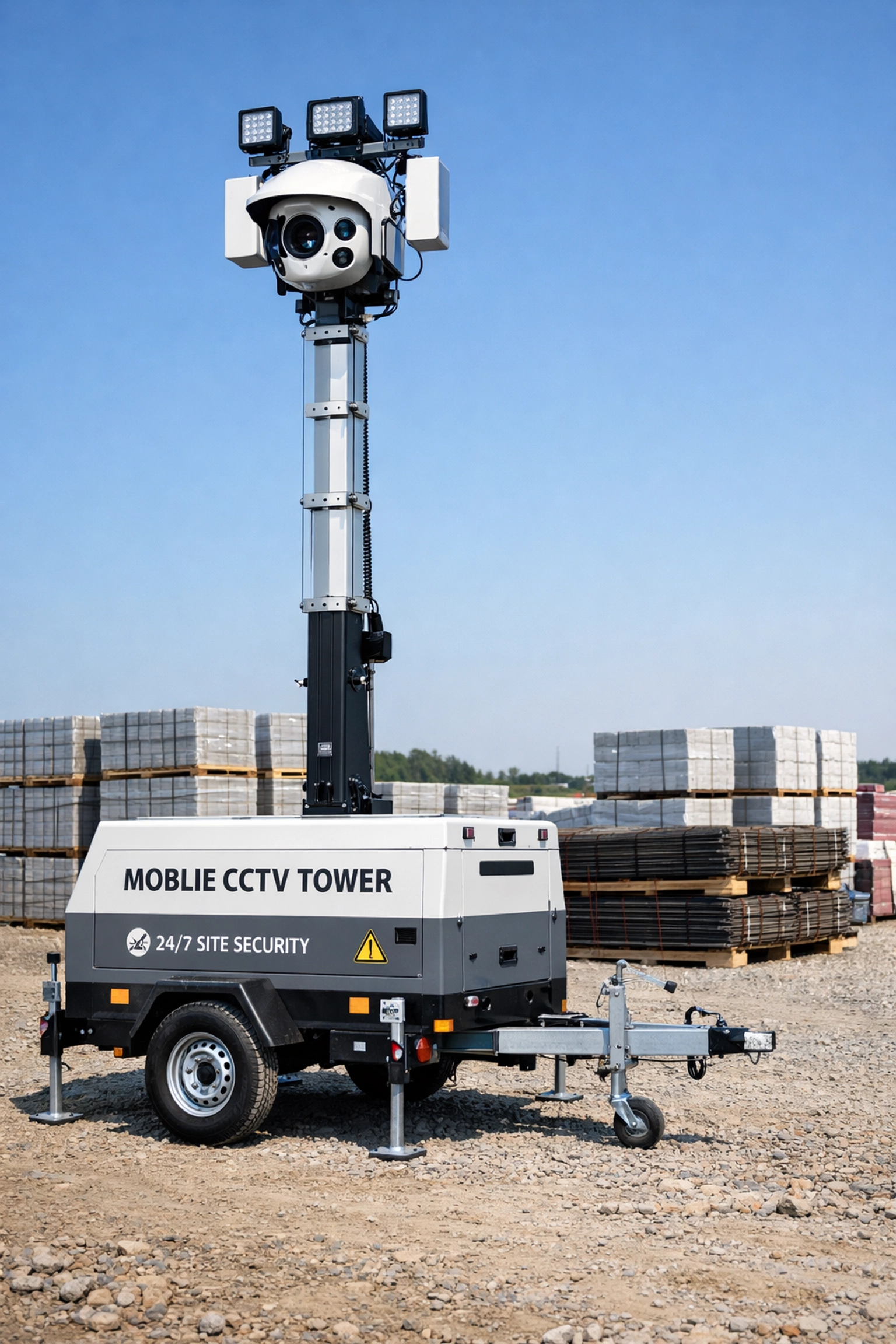 High-tech mobile CCTV surveillance tower providing 24/7 monitoring on a construction site.