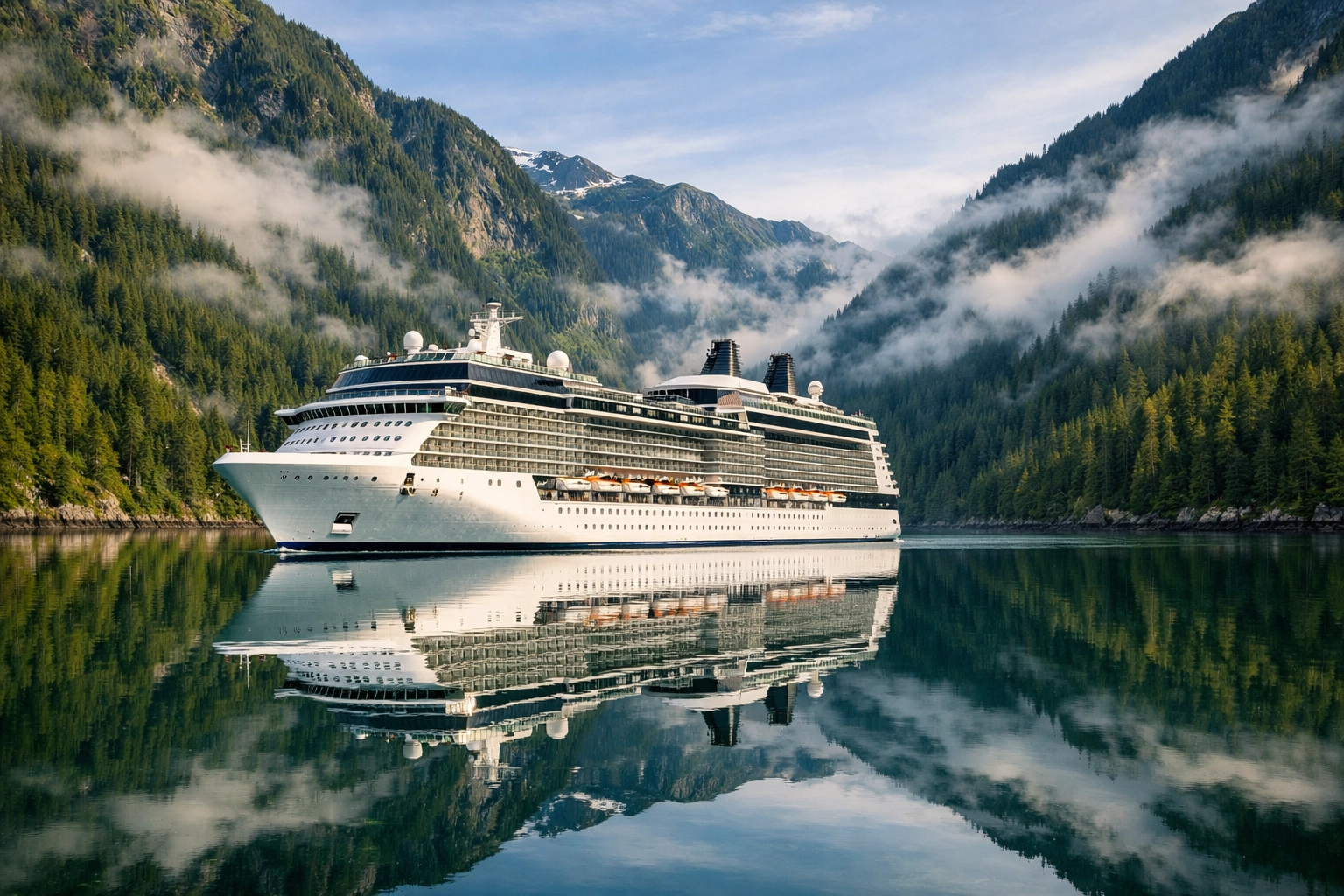Premium cruise ship sailing through the misty mountains of the Alaska Inside Passage.