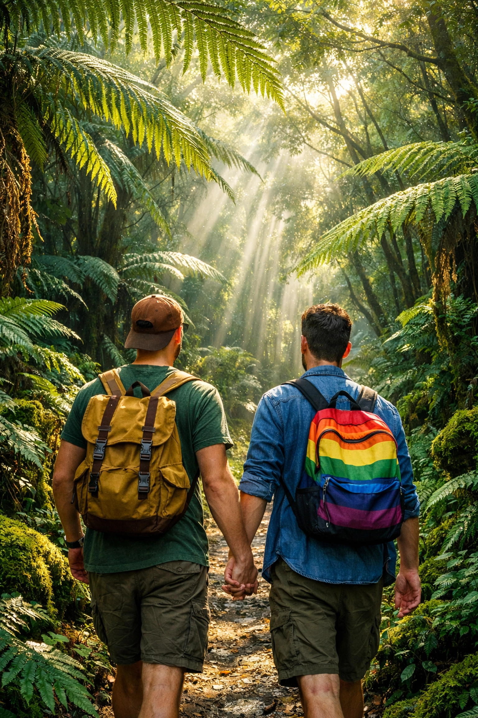 Gay couple holding hands in a lush New Zealand fern forest, a trope in nature-core MM romance.