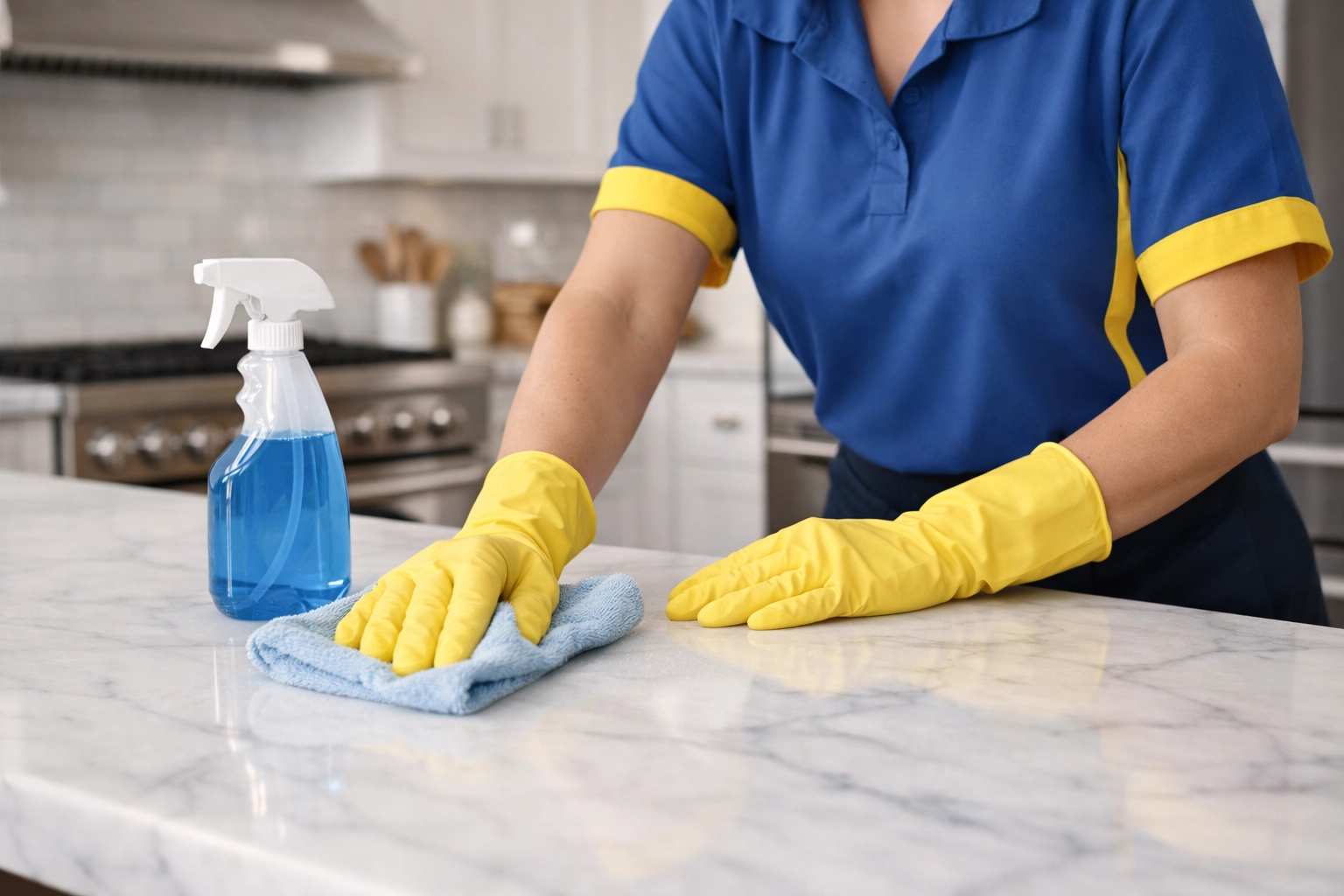 A professional cleaner sanitizing a luxury Westborough kitchen using high-quality house cleaning techniques.