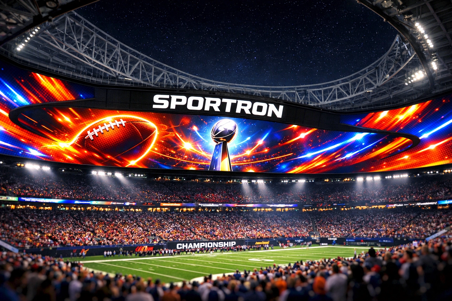 High-definition Sportron digital screens displaying dynamic ads in a crowded football stadium bowl.