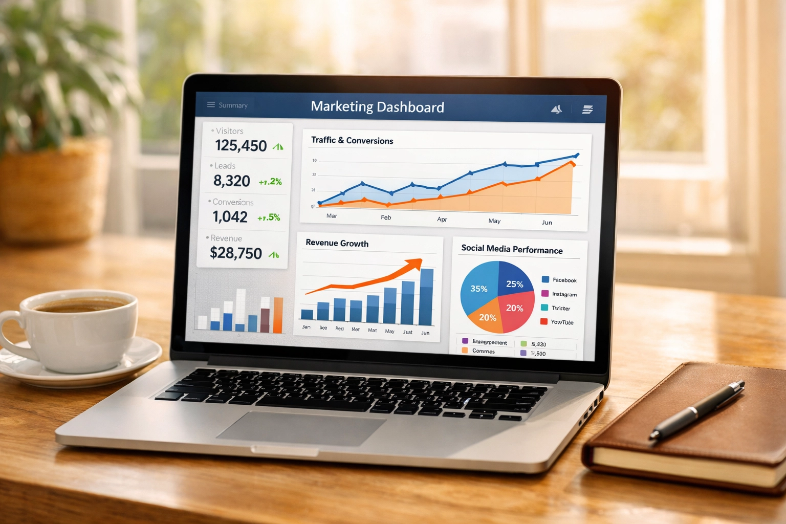 Marketing dashboard showing paid ads analytics and ROAS metrics on laptop screen
