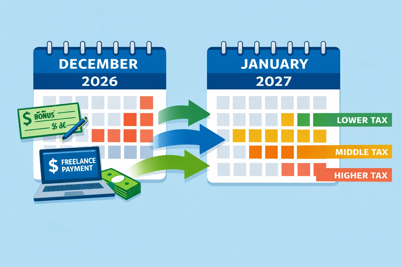 Tax planning strategy showing income timing between 2026 and 2027 to reduce tax bracket