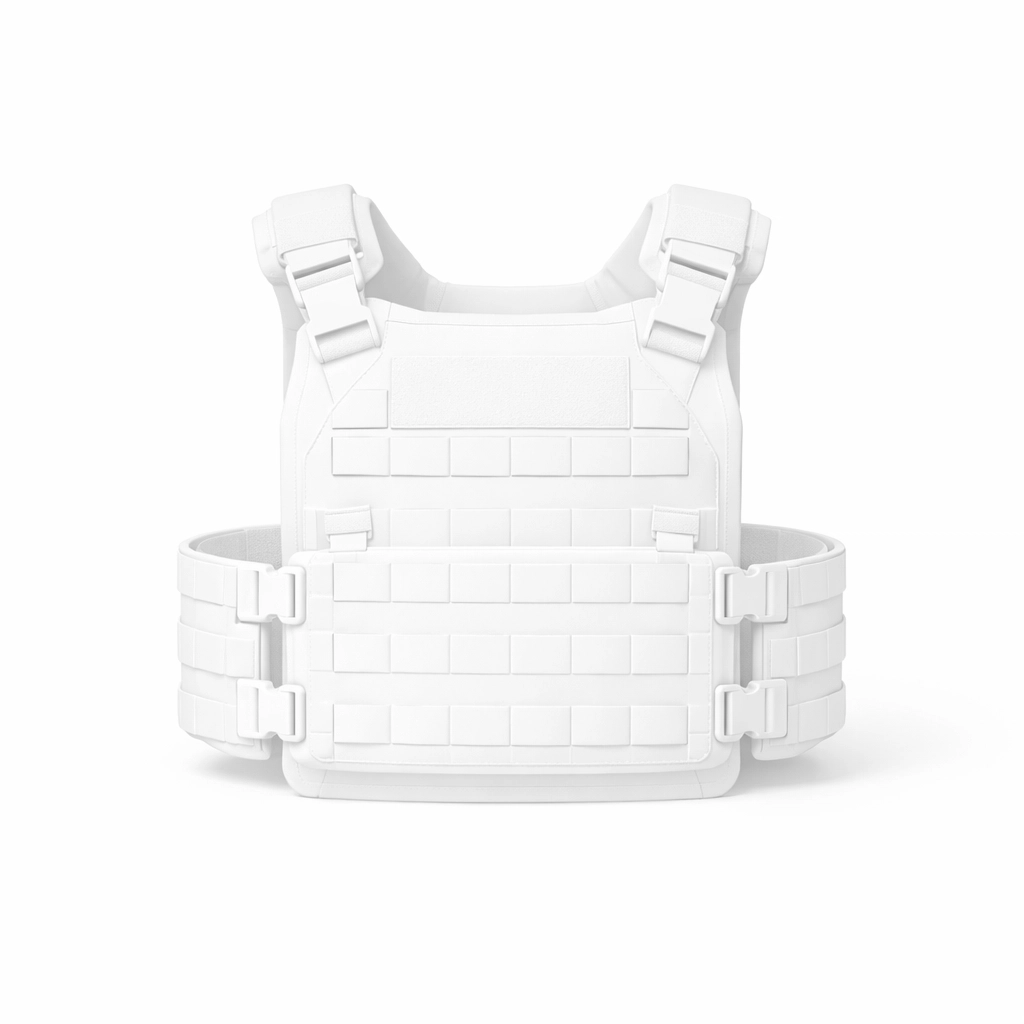 Minimalist silhouette of a tactical plate carrier for weight vest training and military fitness gear.
