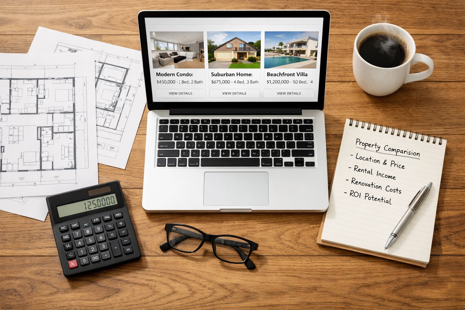 UK property market 2026 investor research: laptop with auction listings, floor plans, and valuation notes on a desk