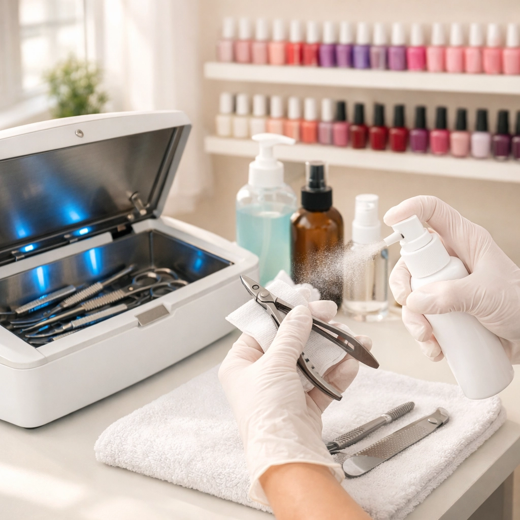 Clean nail salon station in Scarborough with sterilized tools and organized polish bottles