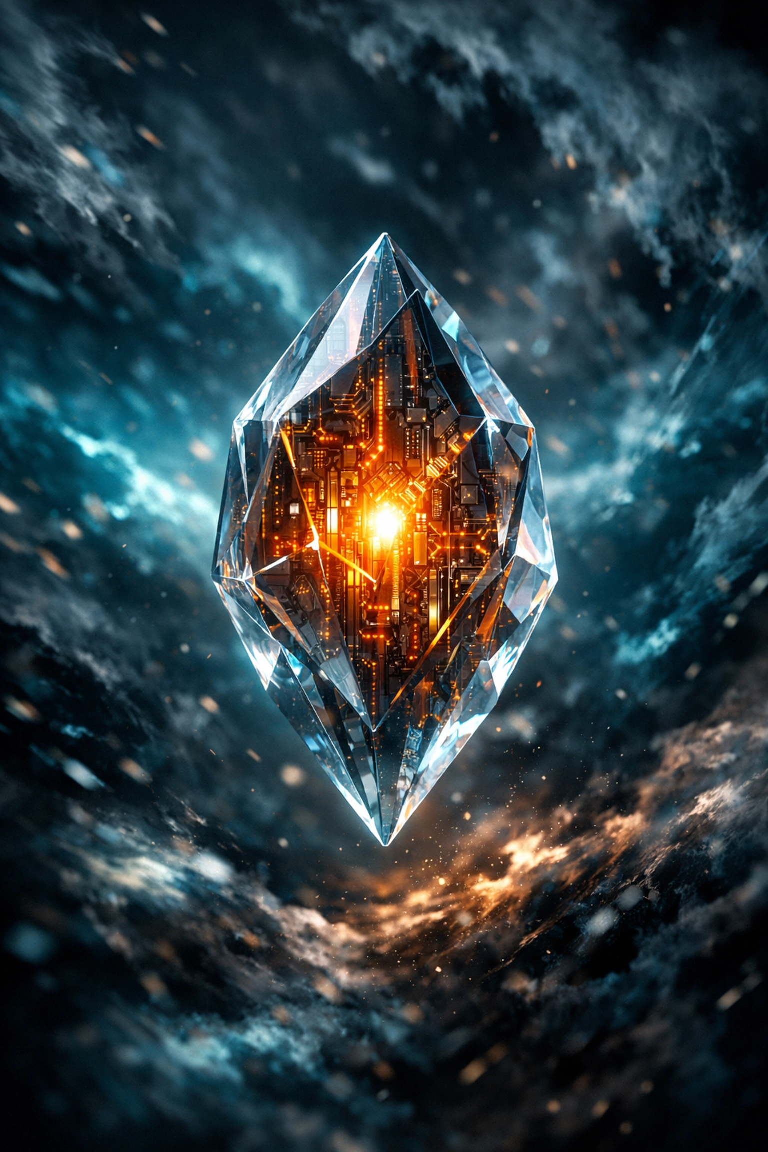 A glowing crystal of deep expertise and technical knowledge standing out against chaotic digital noise.