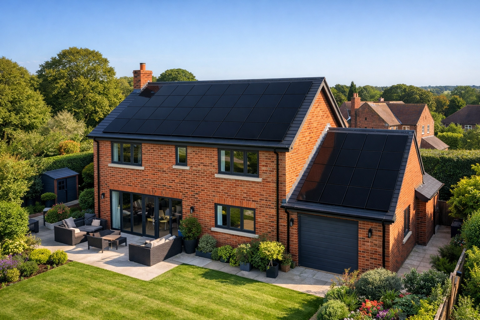 Sleek black solar panels installed on a British home for maximum energy efficiency.
