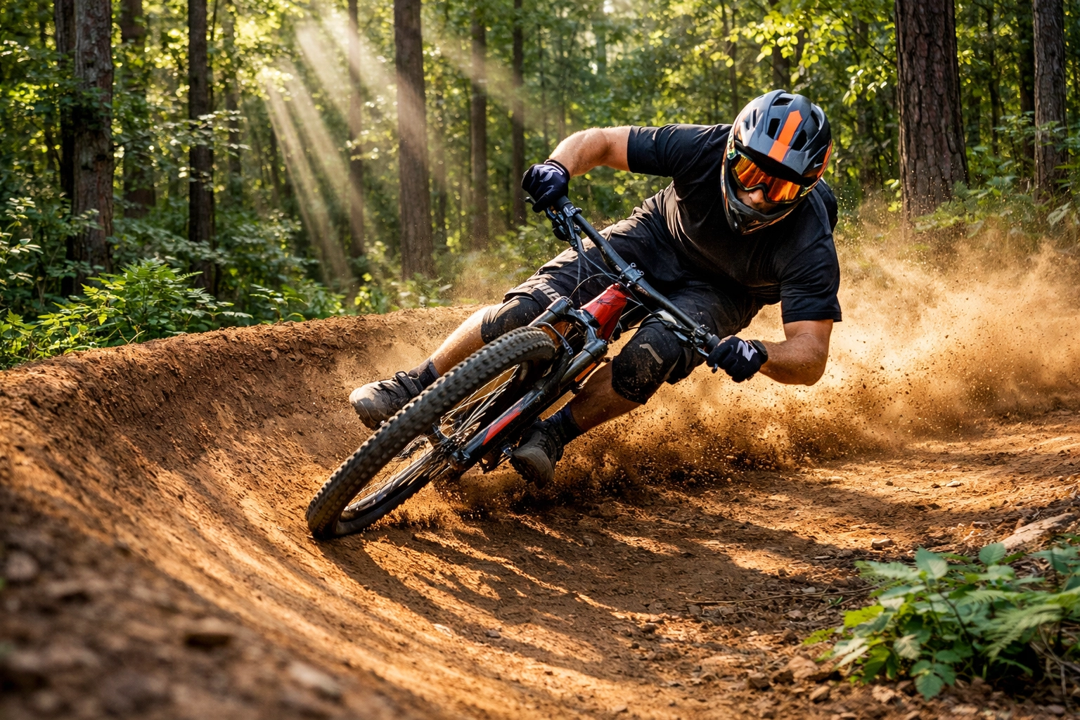 Mountain biker carving bermed corner on Charlotte singletrack trail
